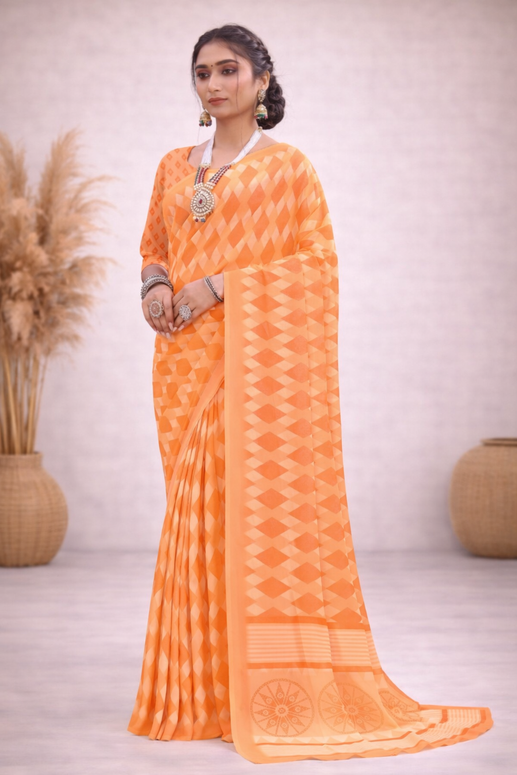 Milli Weightless Printed Saree – Elegant Peach Orange Geometric Designer Saree