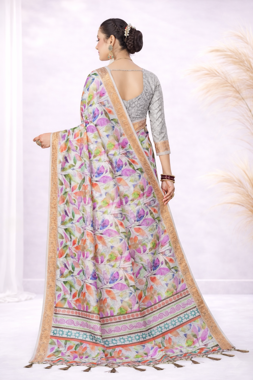 Laxmi 1994 Tusser Silk White Multicolor Floral Printed Saree with Zari Border