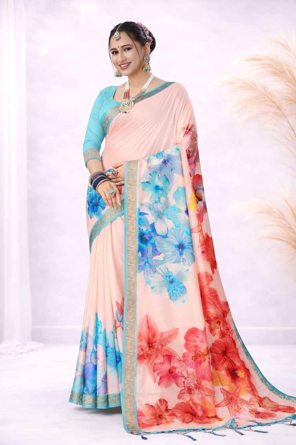 Laxmi 1995 Tusser Silk Peach Multicolor Floral Printed Saree with Zari Border
