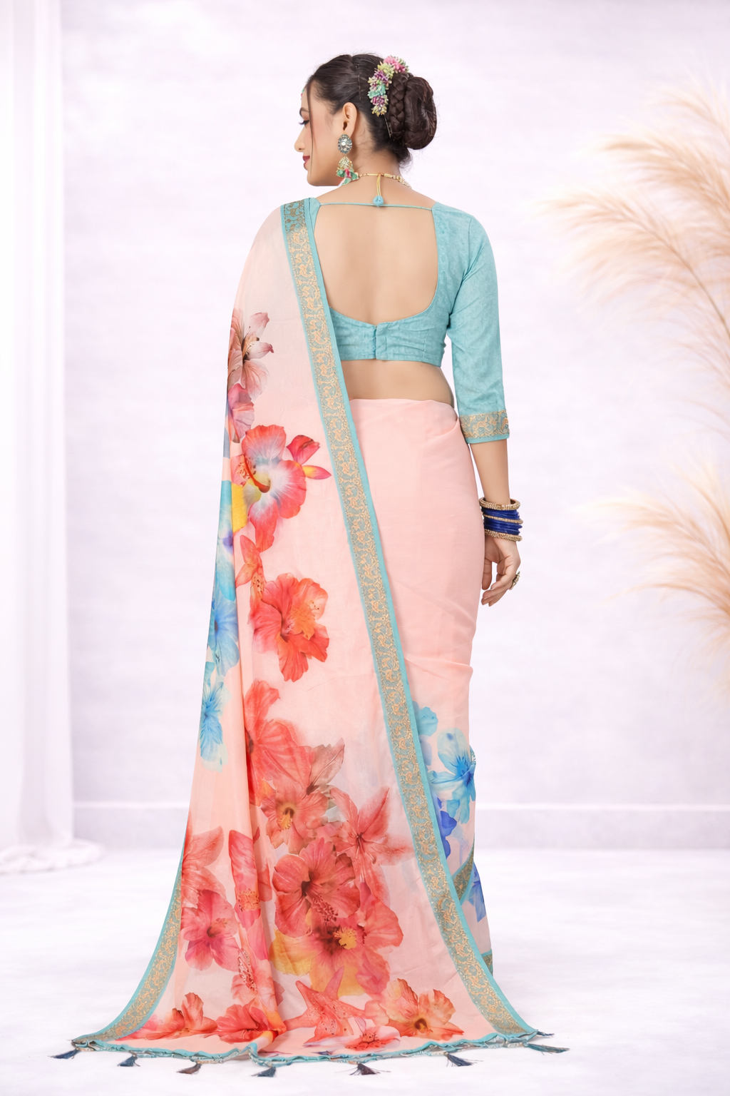 Laxmi 1995 Tusser Silk Peach Multicolor Floral Printed Saree with Zari Border
