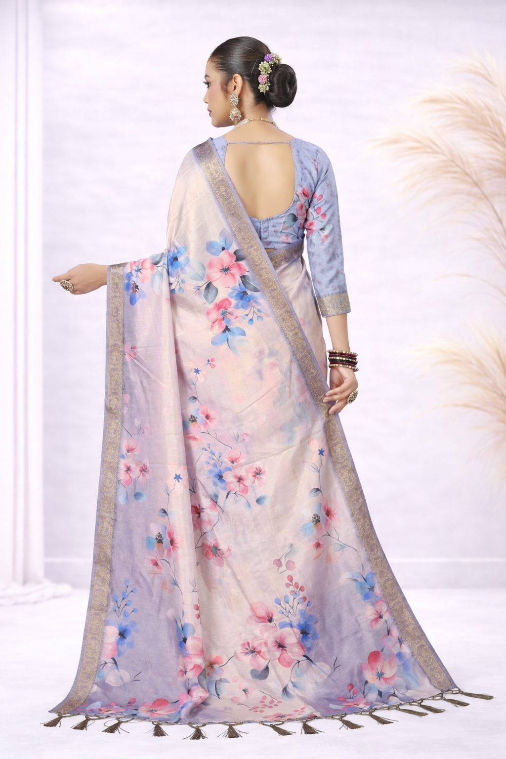 Laxmi 1998 Tusser Silk Pastel Pink Floral Printed Saree with Zari Border