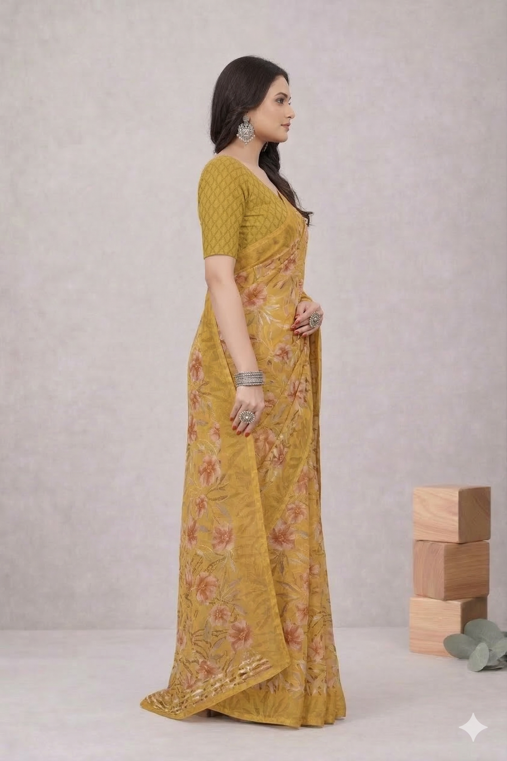 Srishti Floral Printed Saree – Elegant Mustard Yellow Designer Saree