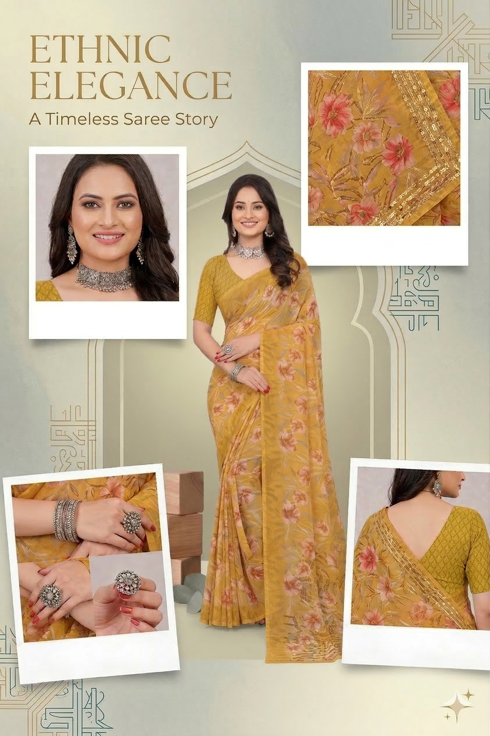 Srishti Floral Printed Saree – Elegant Mustard Yellow Designer Saree