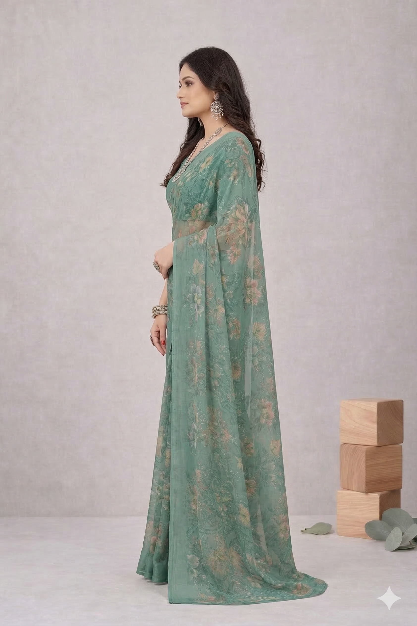 Srishti Floral Printed Saree – Elegant Sea Green Designer Saree