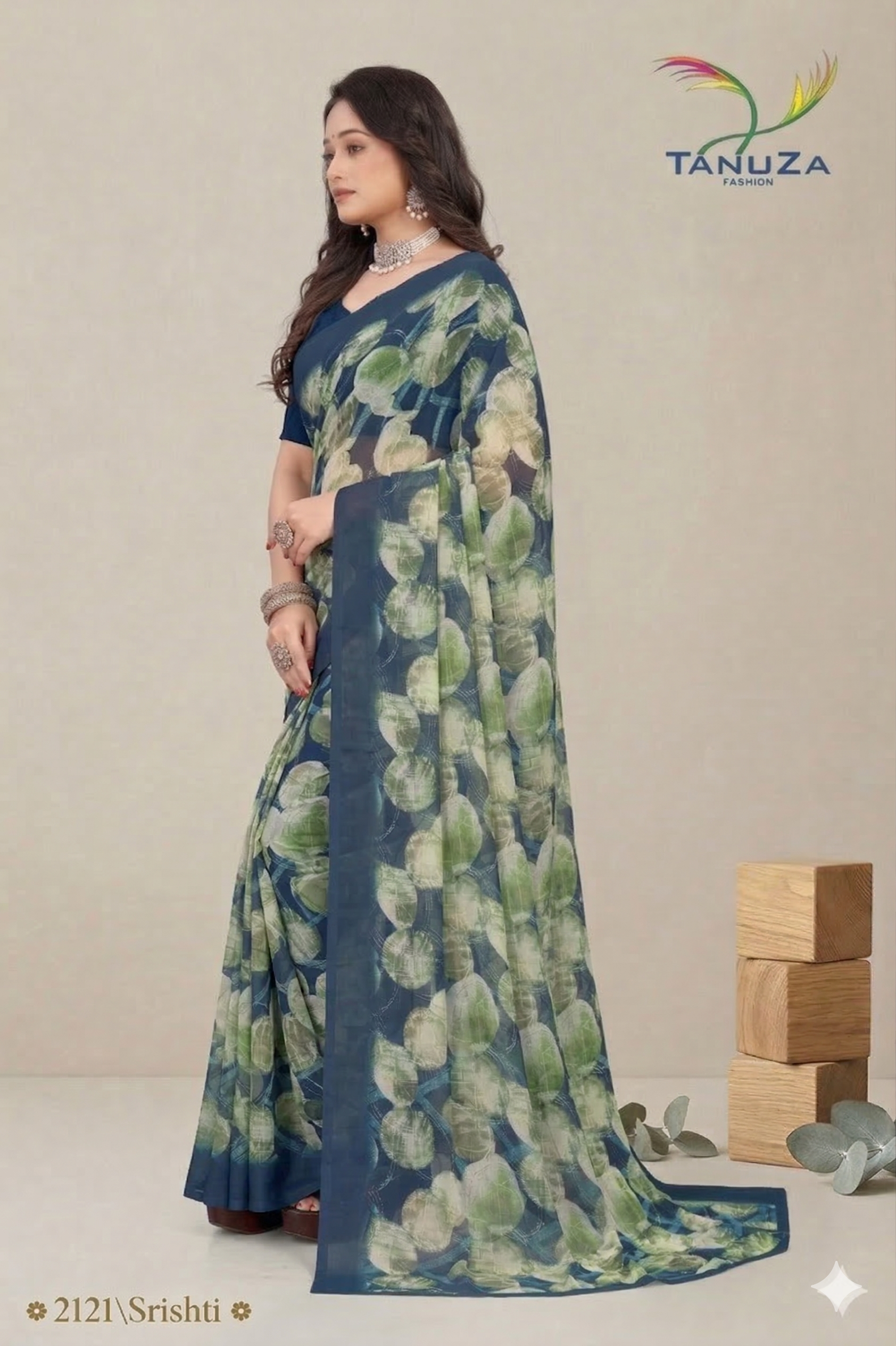 Shristi Designer Printed Saree – Elegant Navy Blue Party Wear Saree