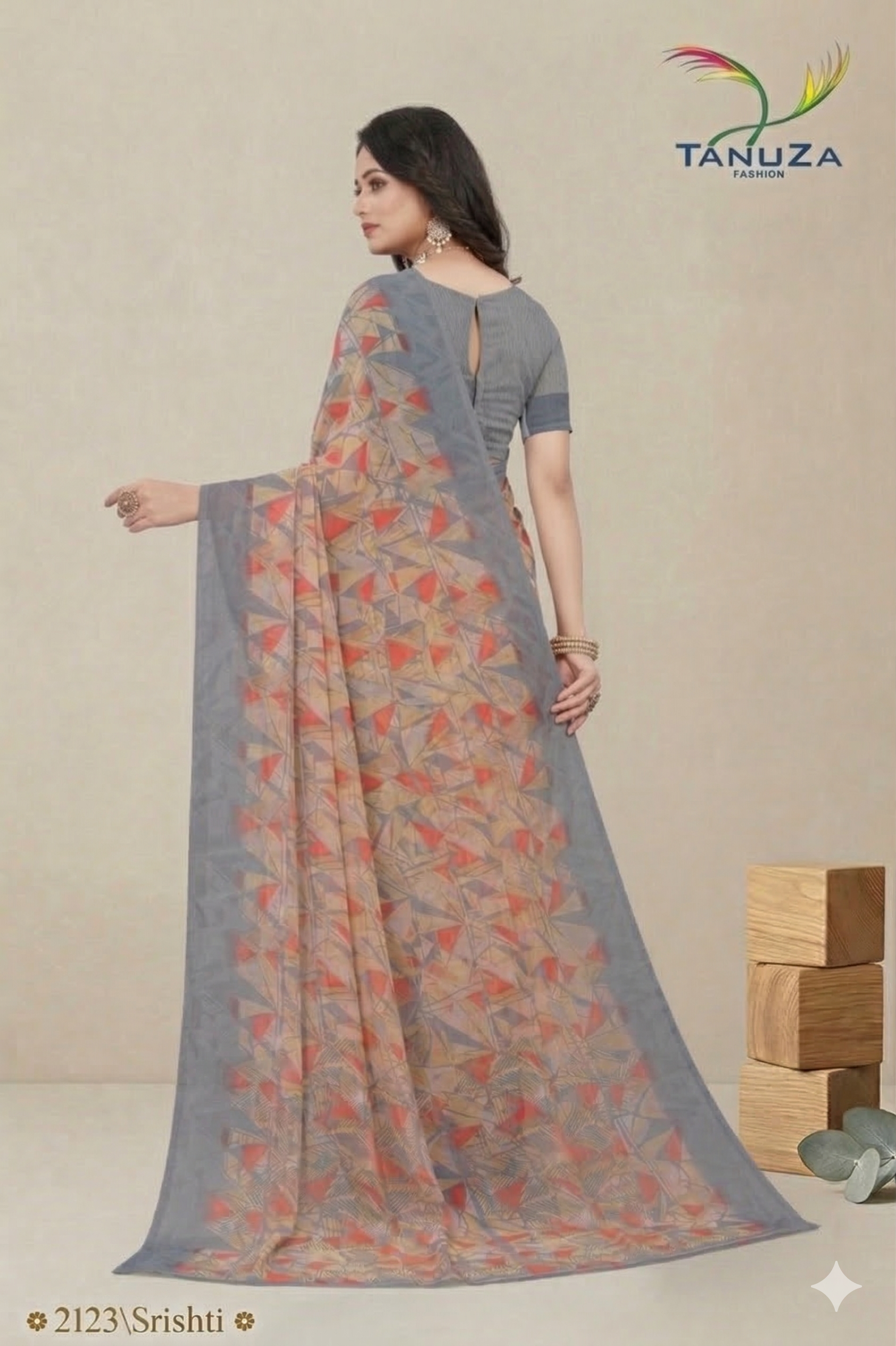 Shristi Designer Printed Saree – Stylish Grey Geometric Party Wear Saree