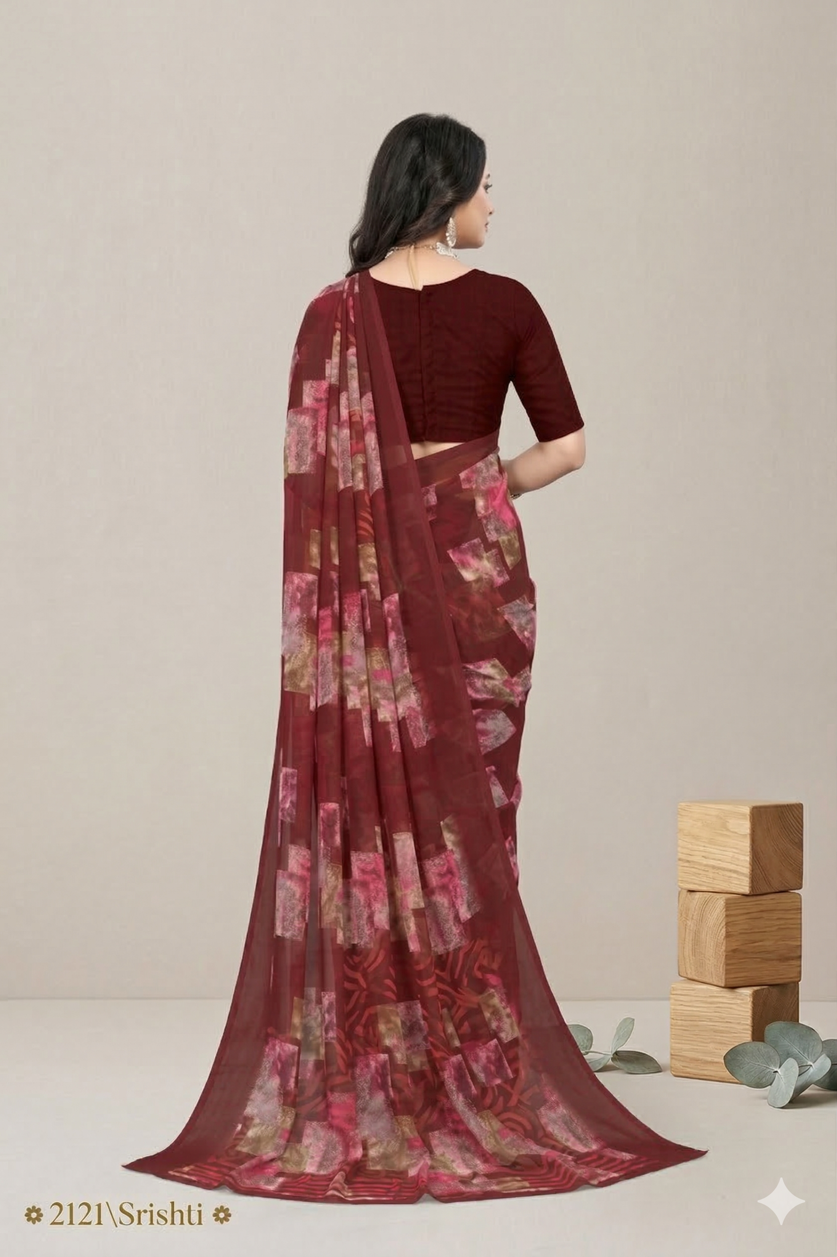 Shristi Designer Printed Saree – Elegant Maroon Party Wear Saree