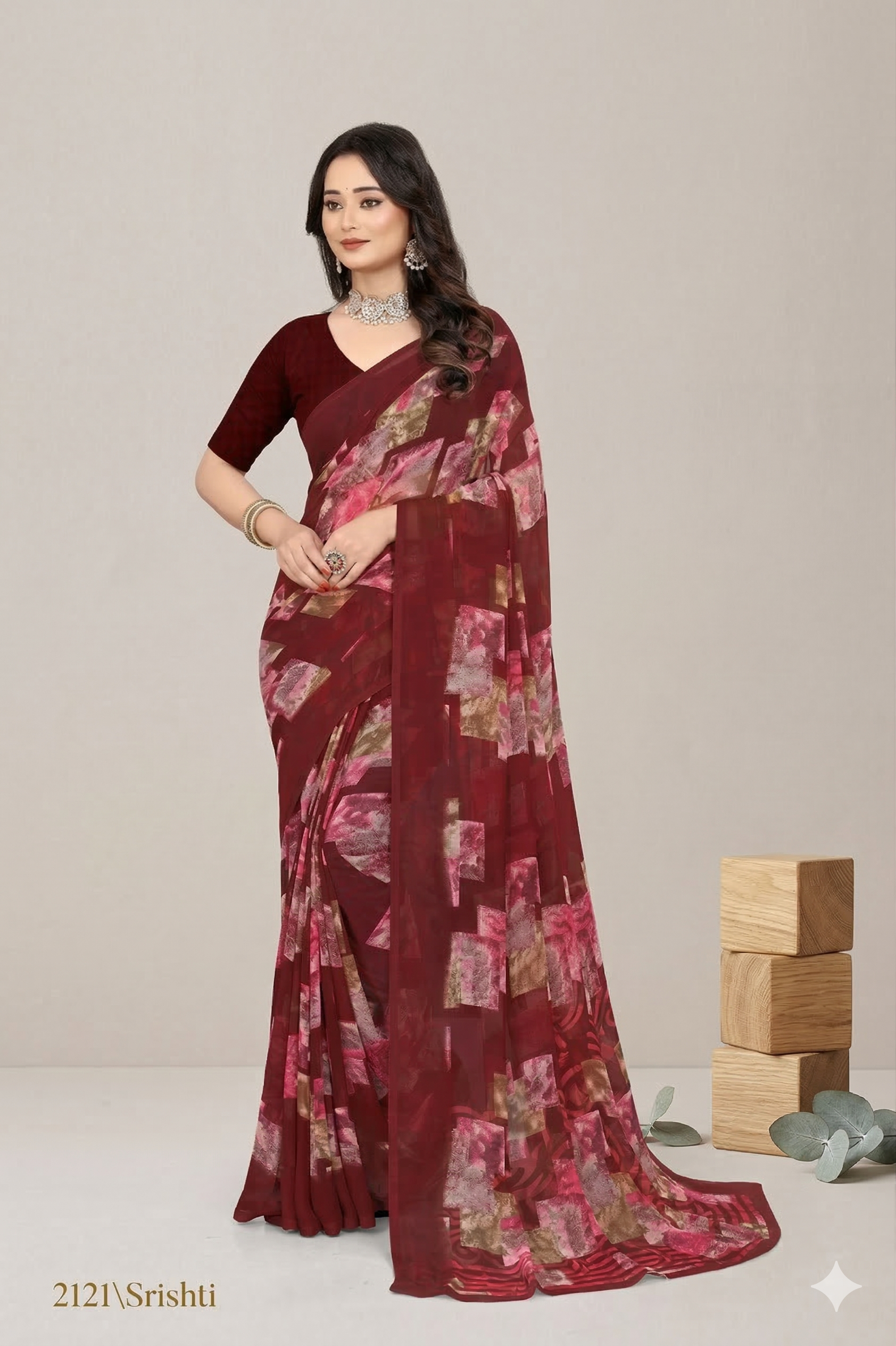 Shristi Designer Printed Saree – Elegant Maroon Party Wear Saree