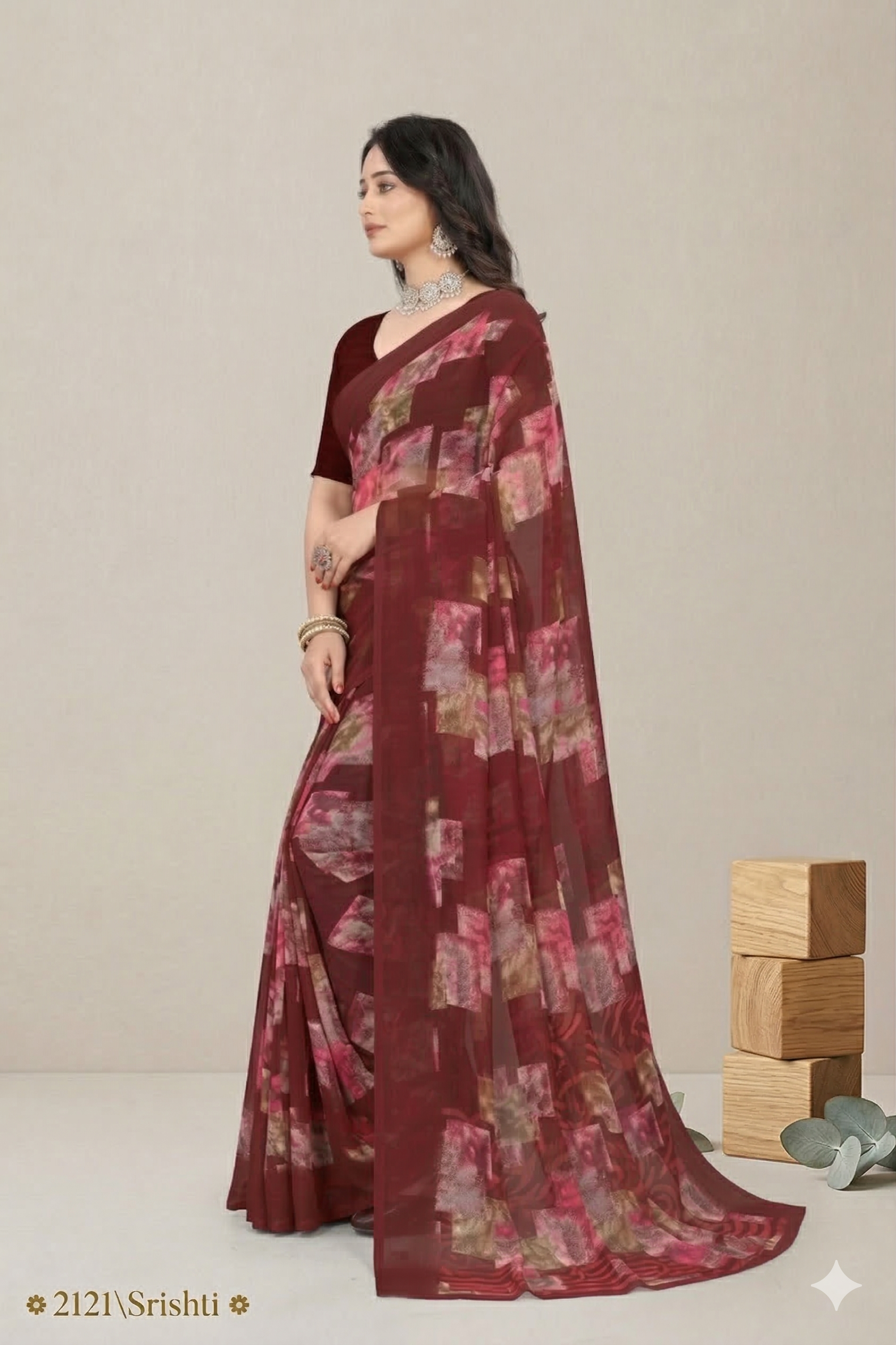 Shristi Designer Printed Saree – Elegant Maroon Party Wear Saree
