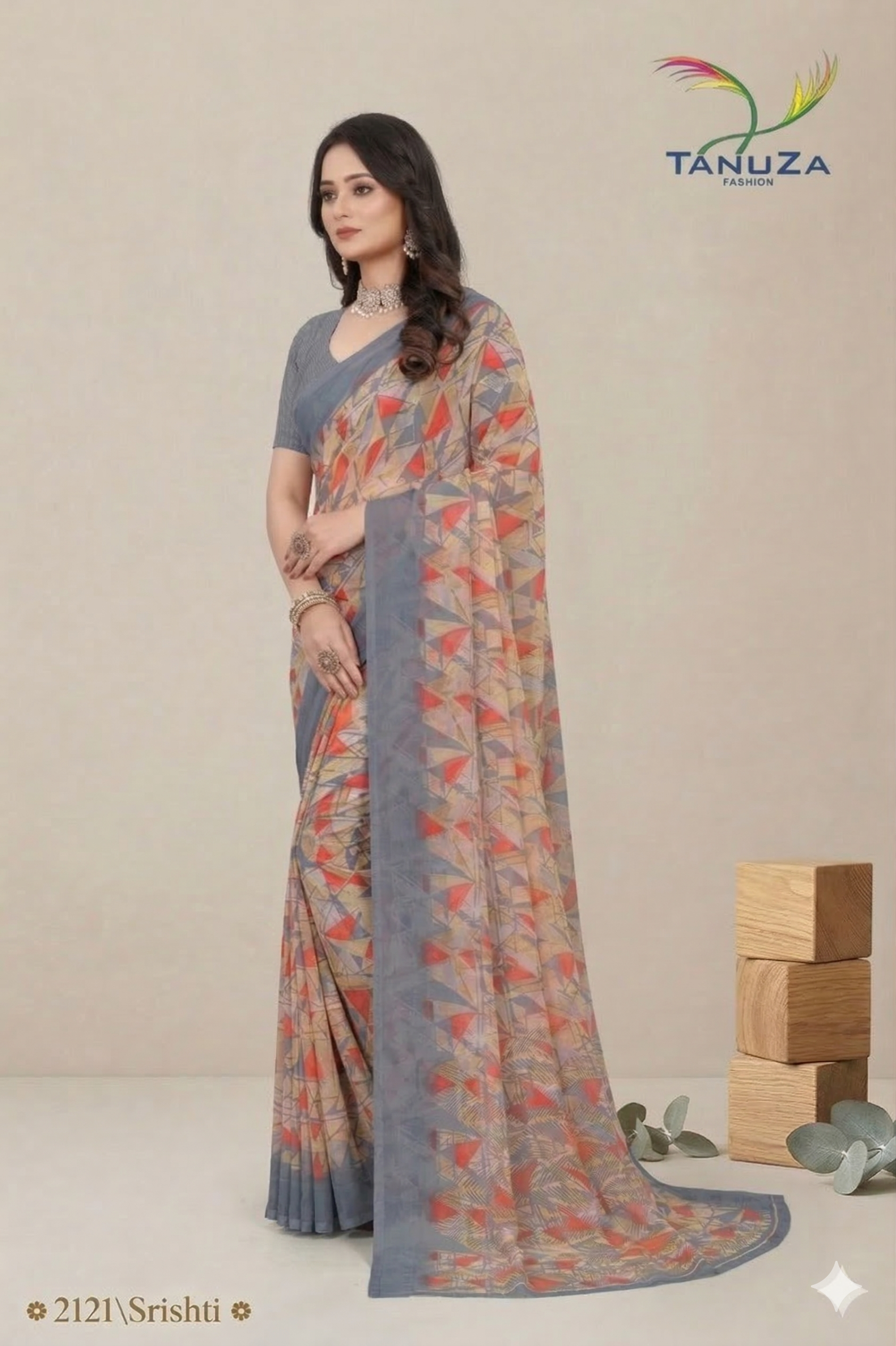 Shristi Designer Printed Saree – Stylish Grey Geometric Party Wear Saree