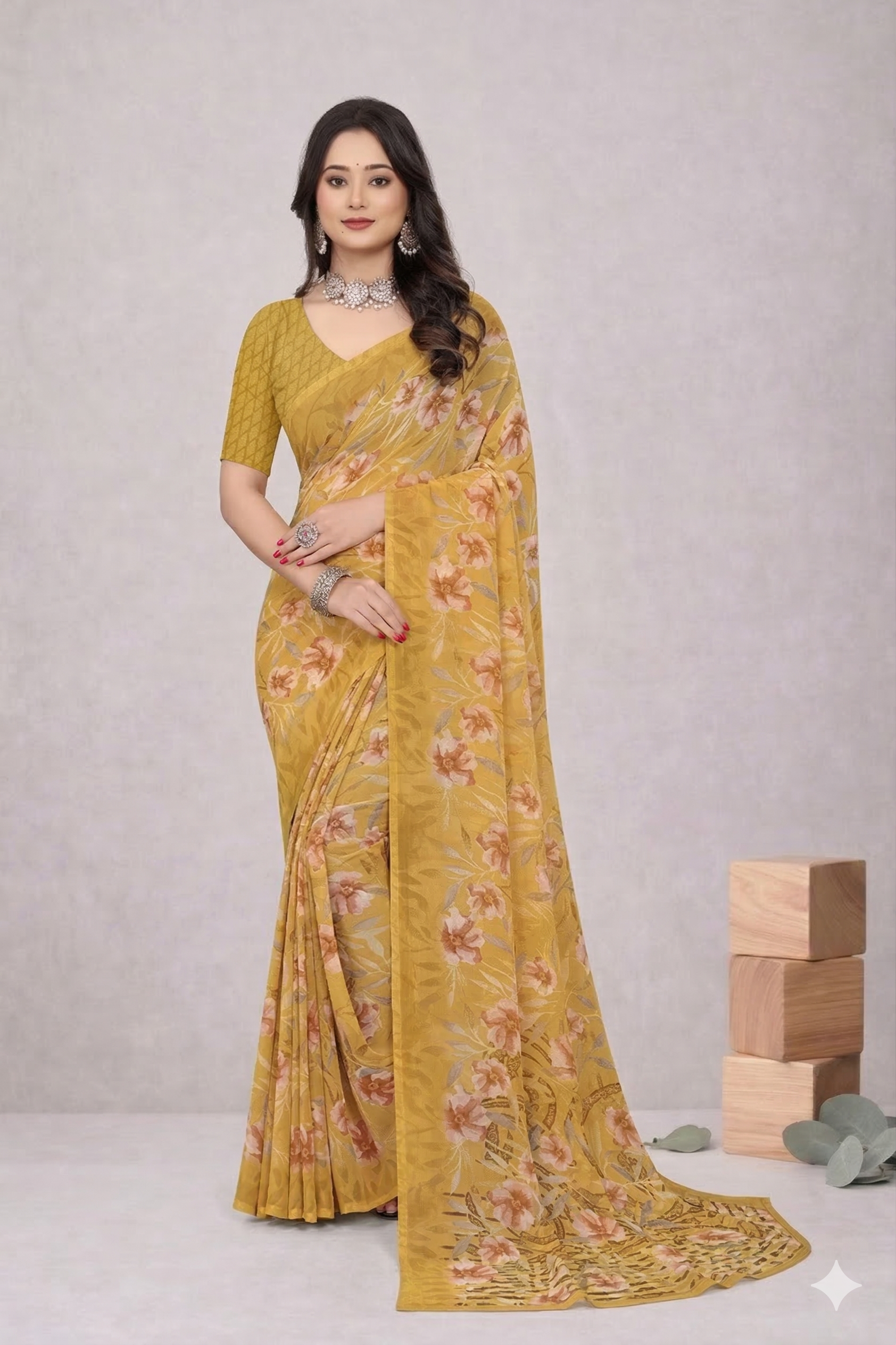 Srishti Floral Printed Saree – Elegant Mustard Yellow Designer Saree