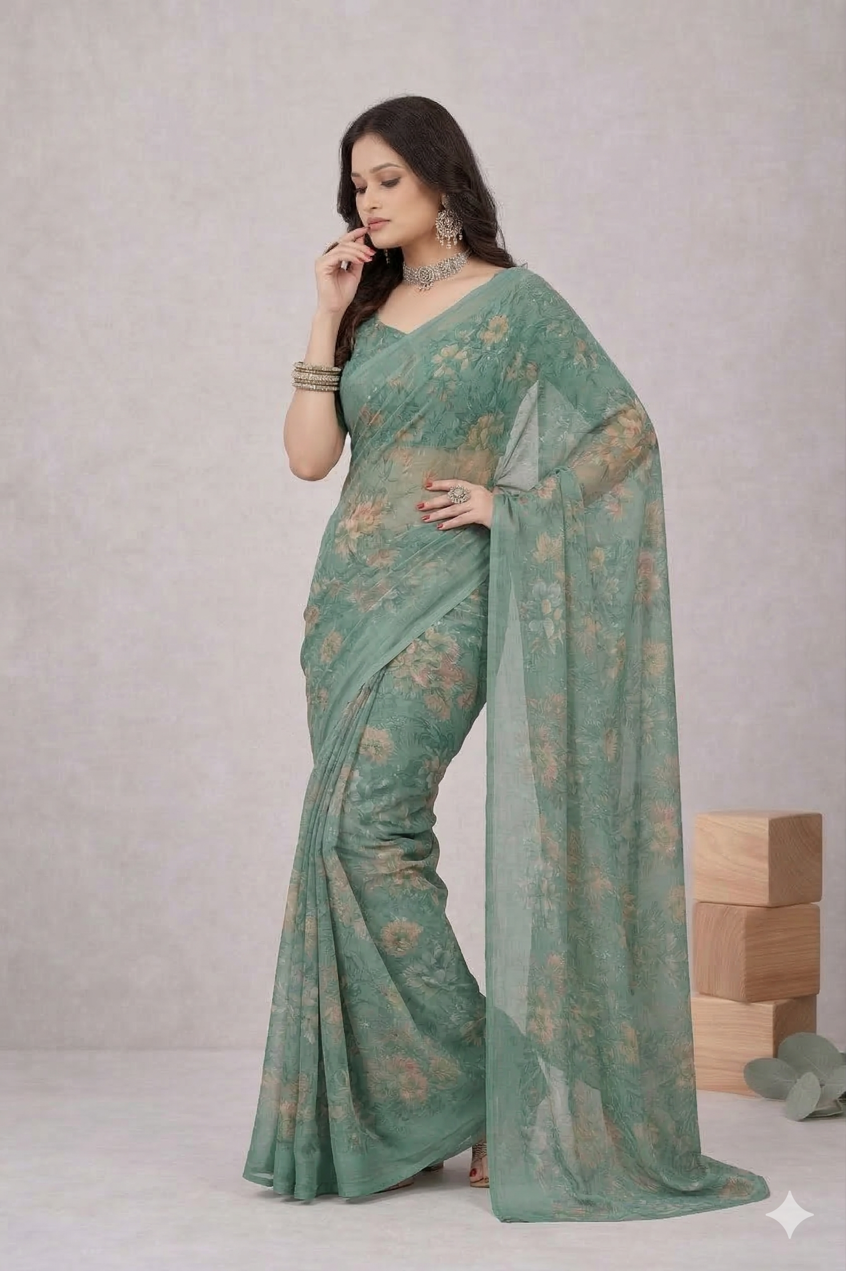 Srishti Floral Printed Saree – Elegant Sea Green Designer Saree