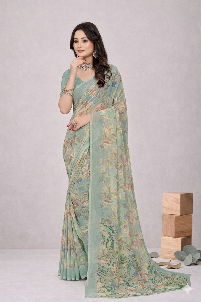 Srishti Floral Printed Saree – Elegant Pastel Green Designer Saree