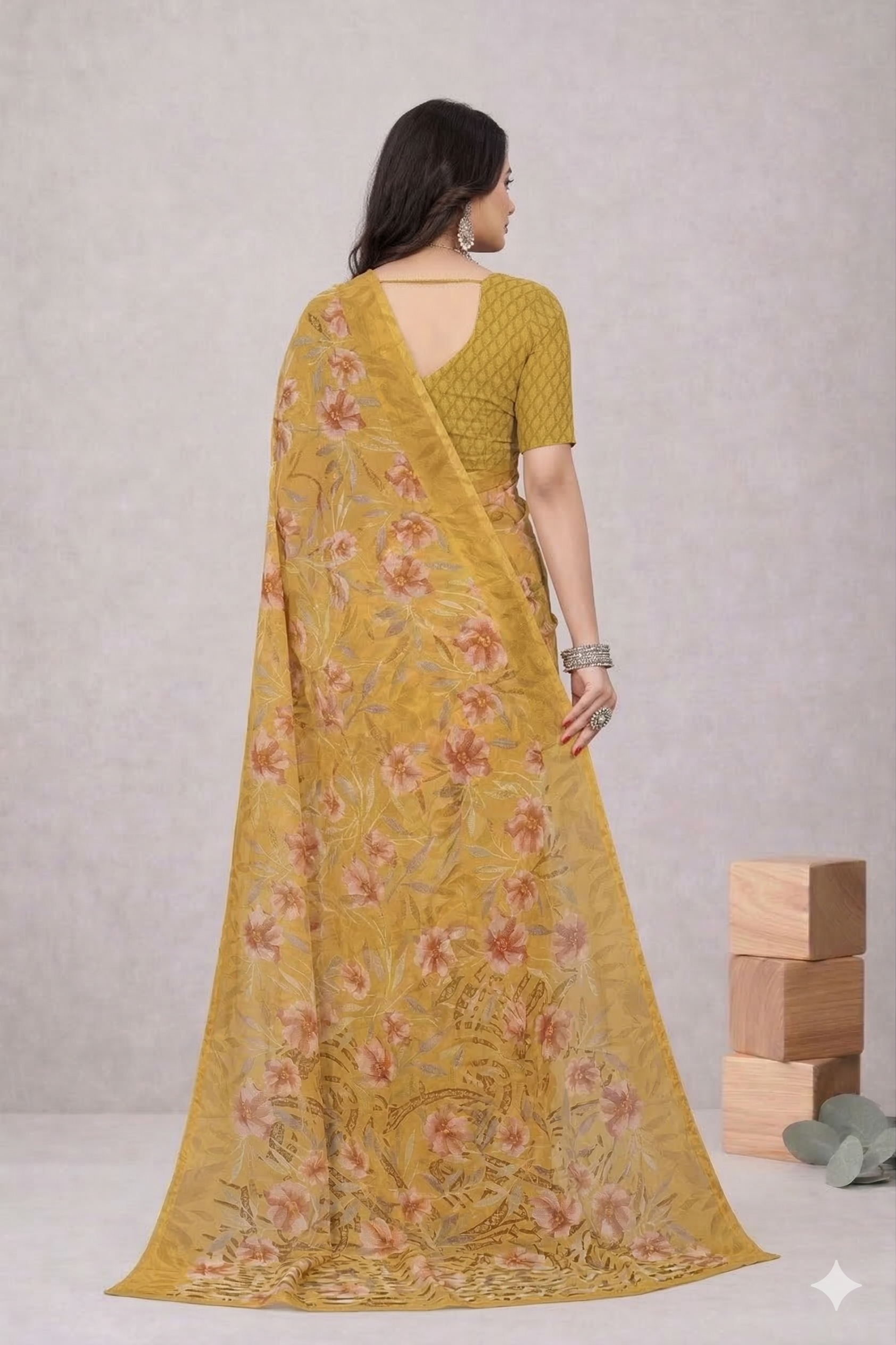 Srishti Floral Printed Saree – Elegant Mustard Yellow Designer Saree