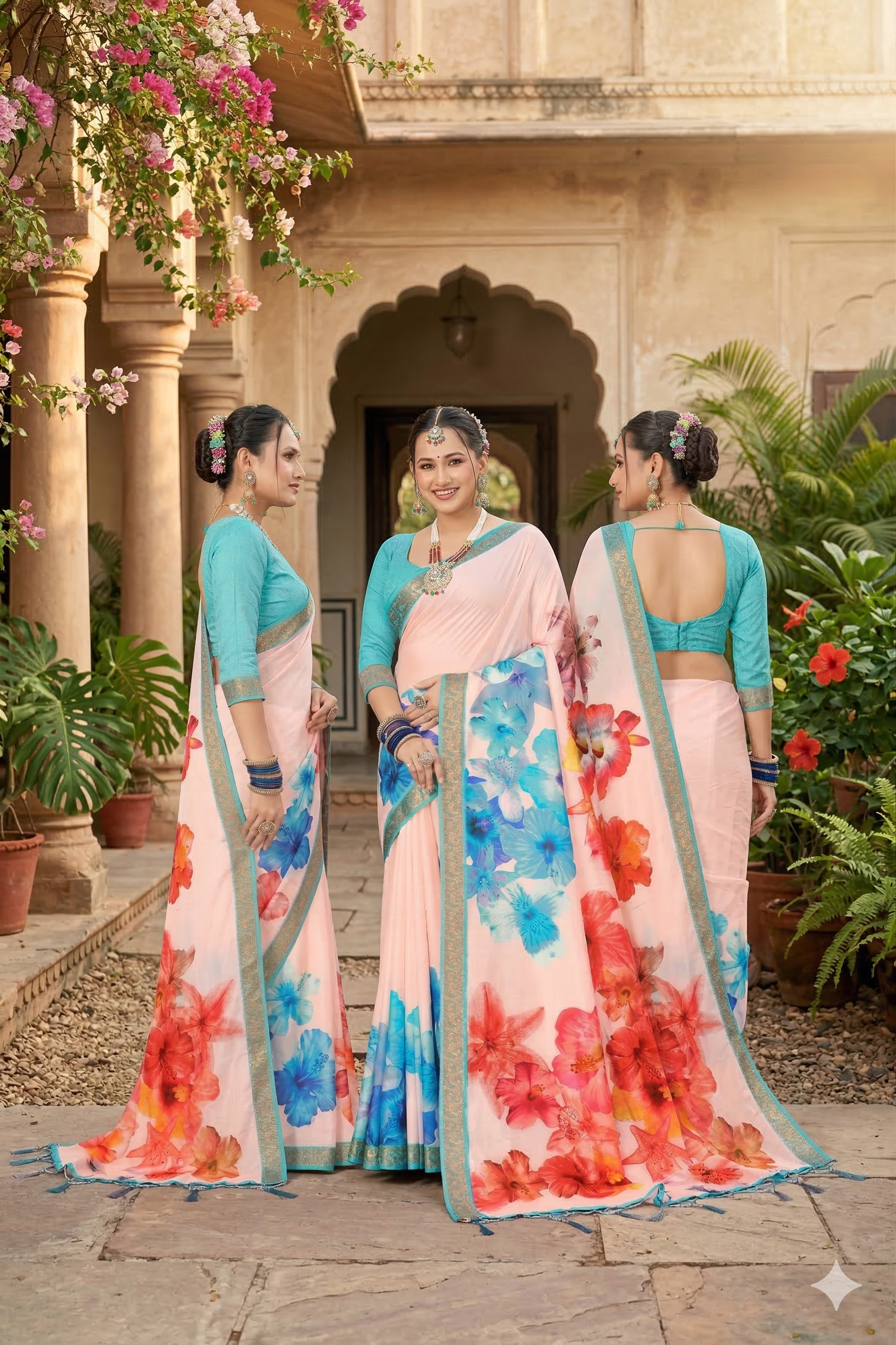 Laxmi 1995 Tusser Silk Peach Multicolor Floral Printed Saree with Zari Border