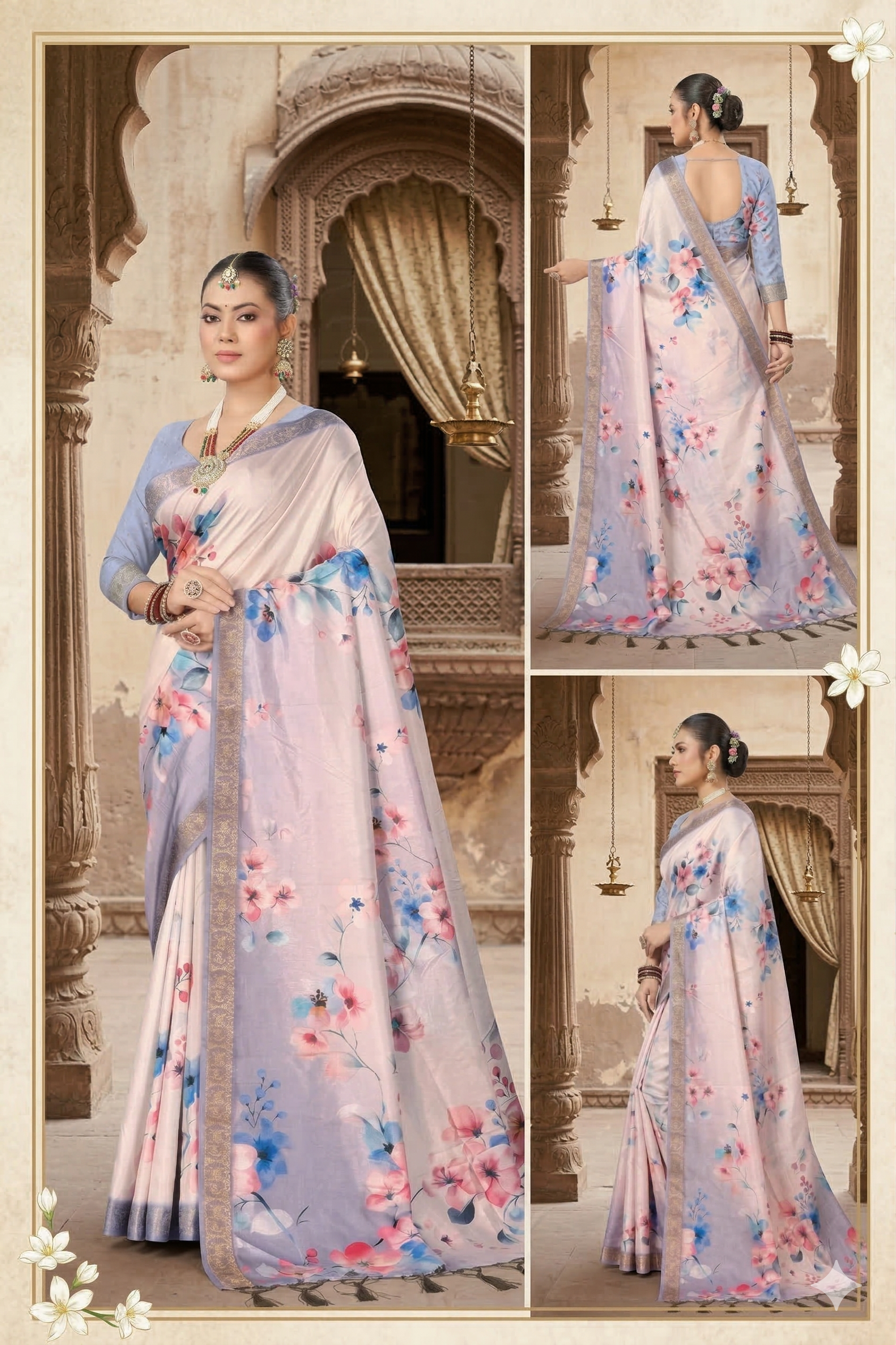 Laxmi 1998 Tusser Silk Pastel Pink Floral Printed Saree with Zari Border