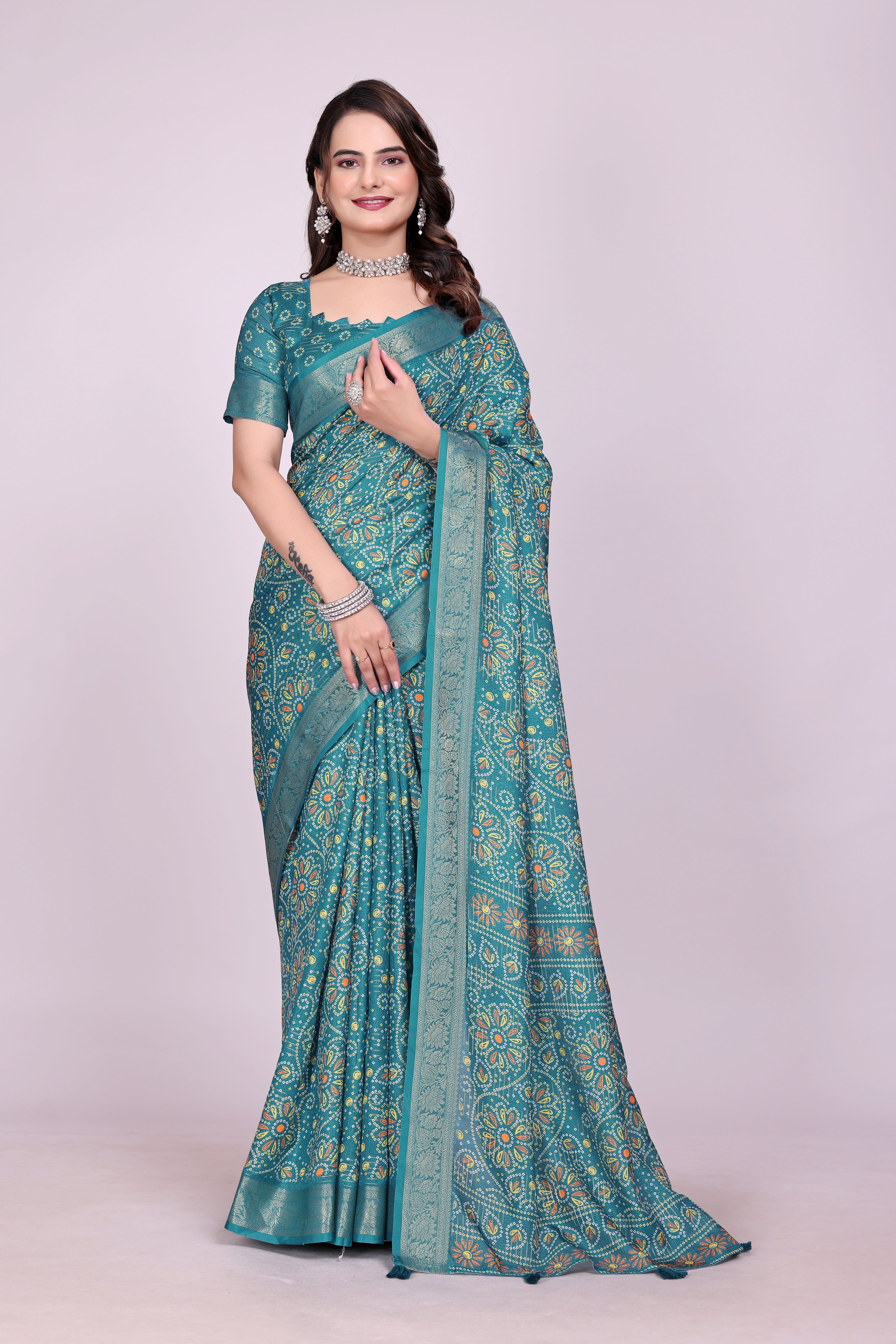 Karishma Blue Bandhani Self Jacquard Silk Saree