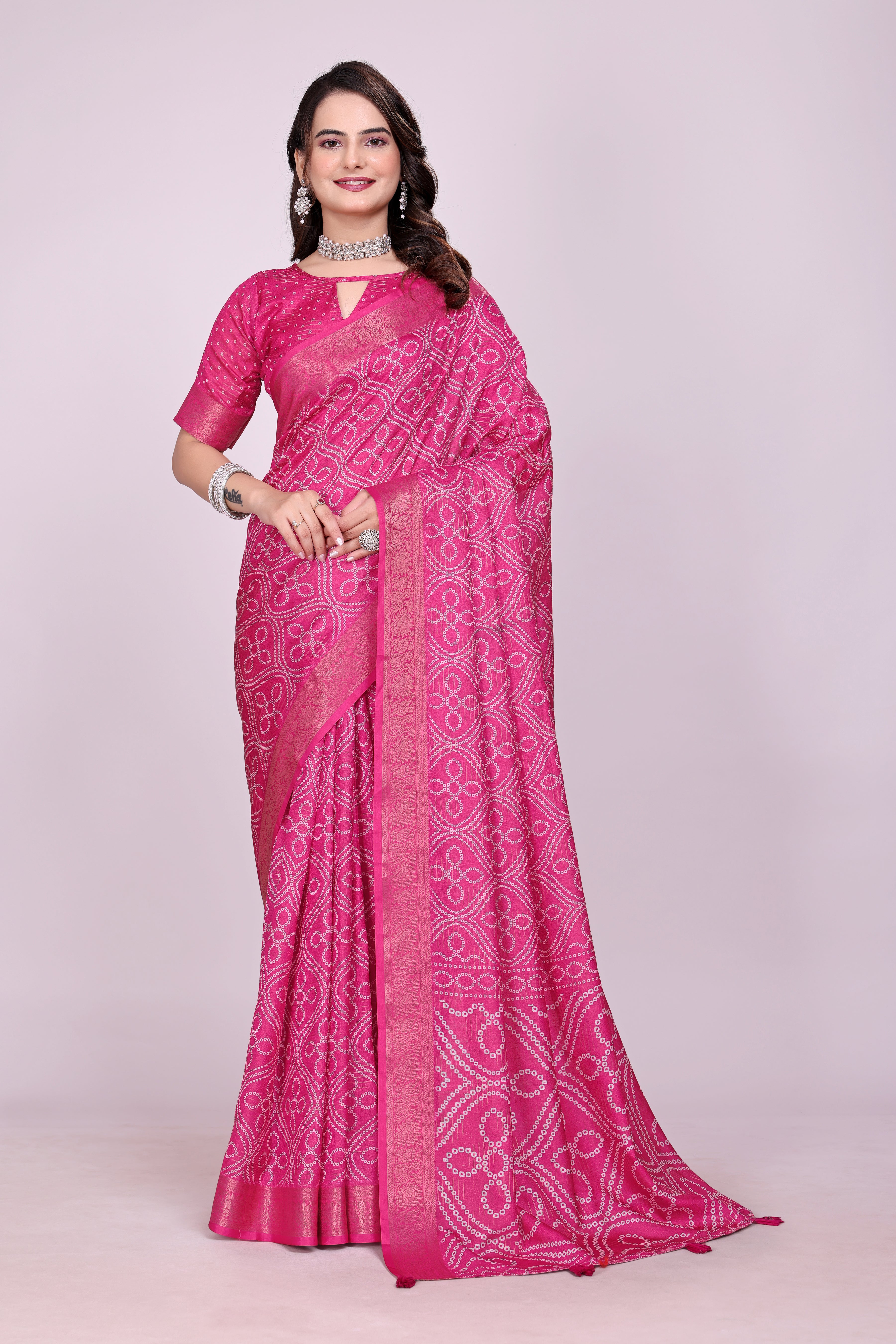 Karishma Pink Bandhani Self Jacquard Silk Saree