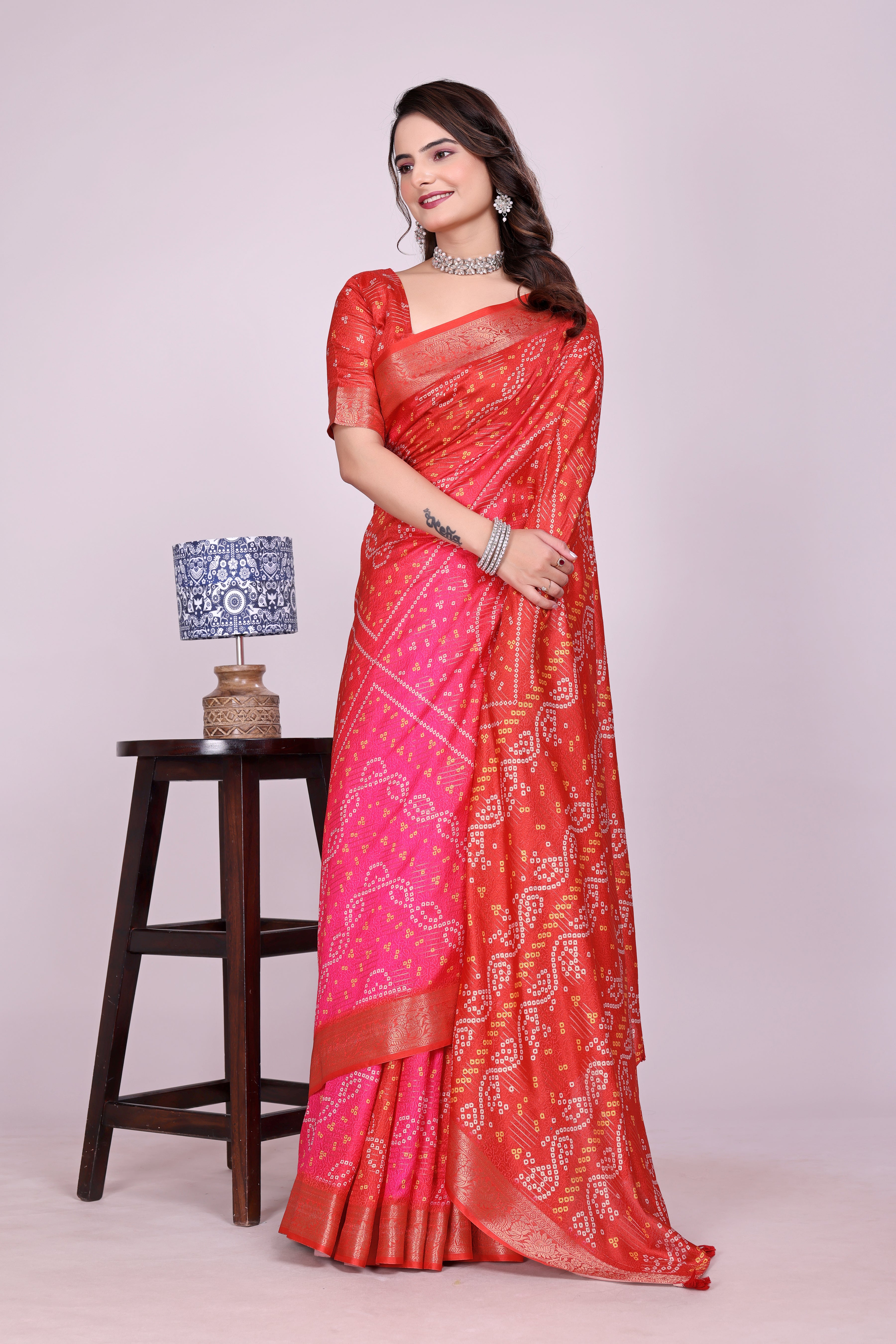 Karishma Orangish bandhani Self Jacquard Silk Saree