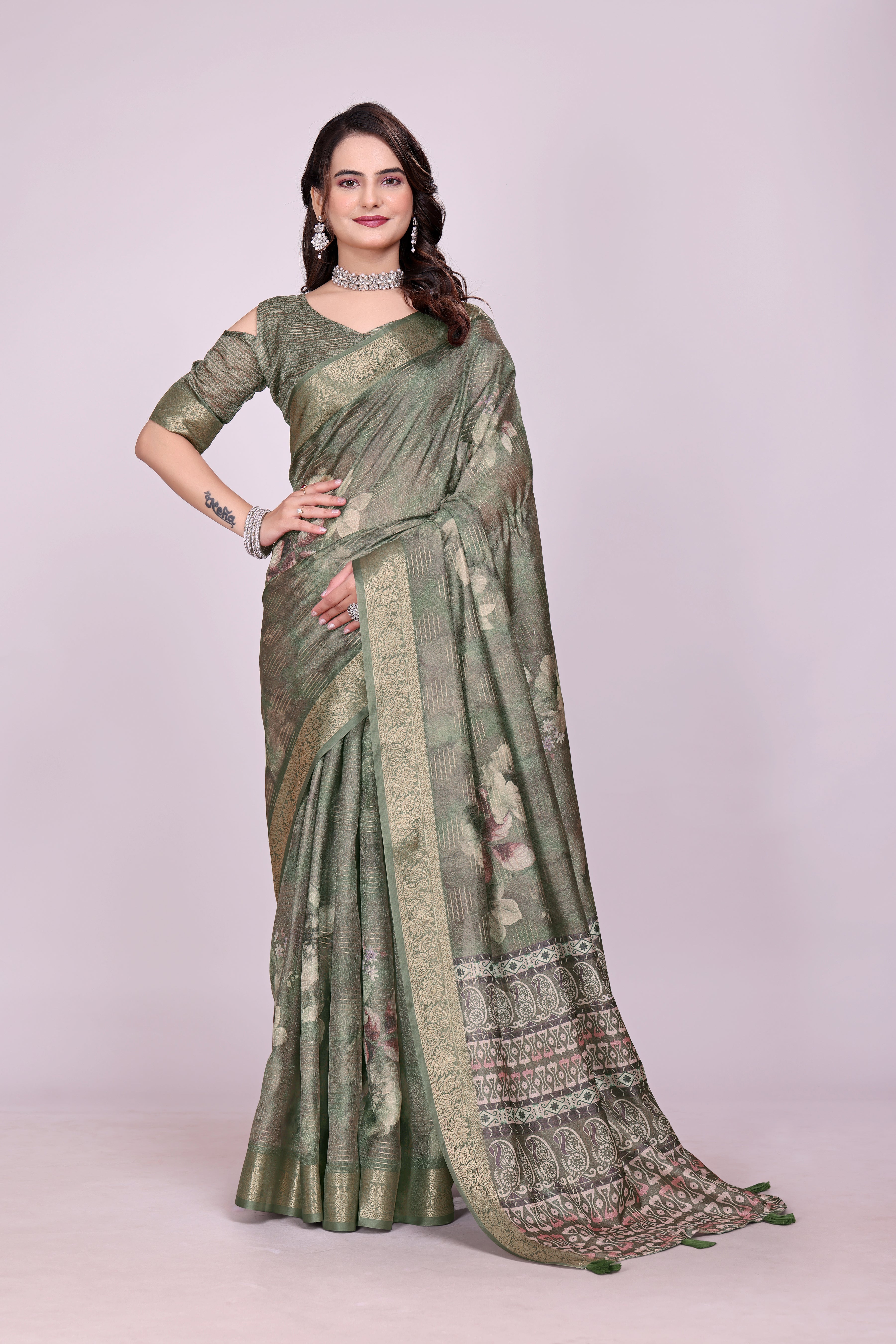 Karishma Mehandi Green Self Jacquard Silk Saree