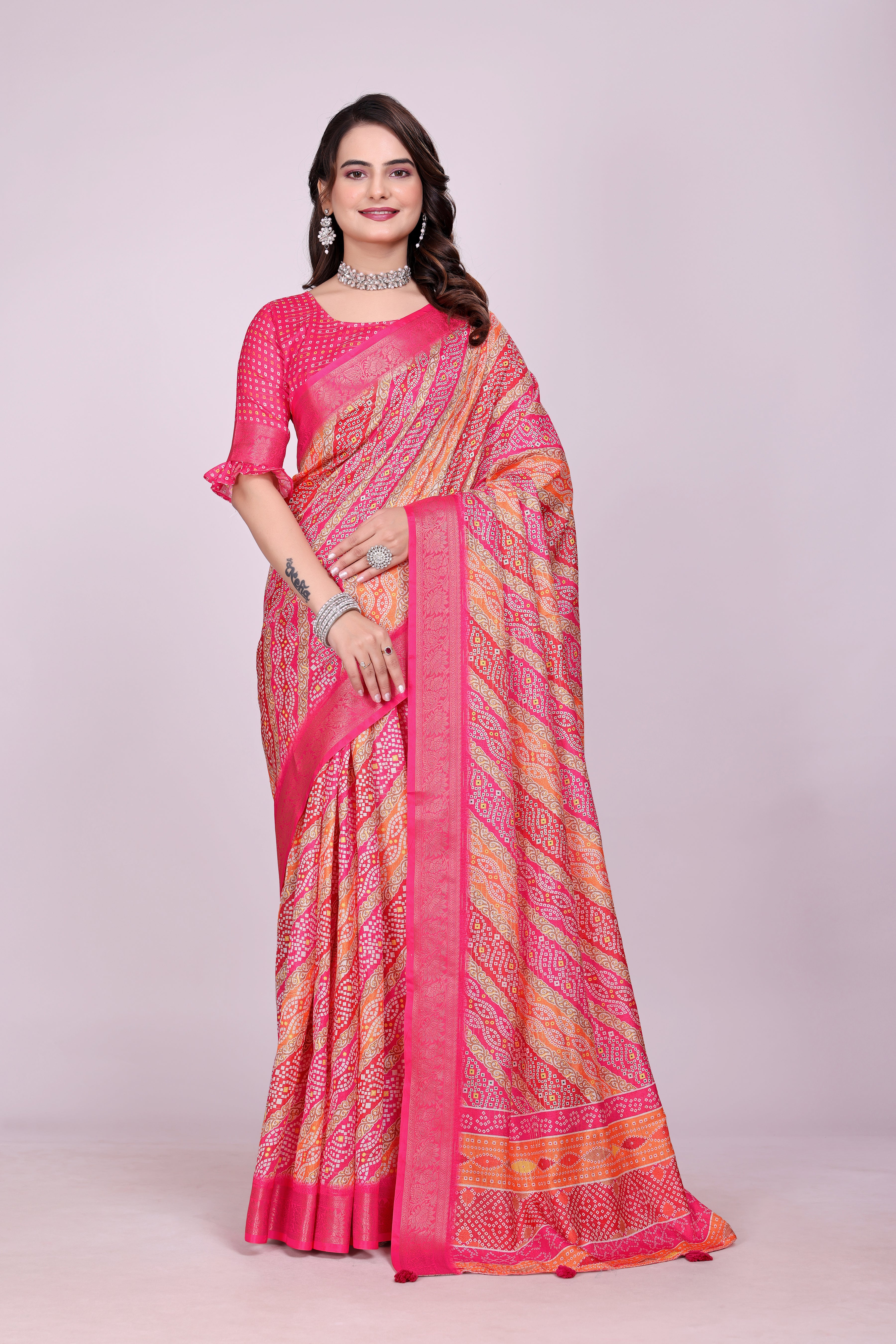 Karishma Pink bandhani Self Jacquard Silk Saree