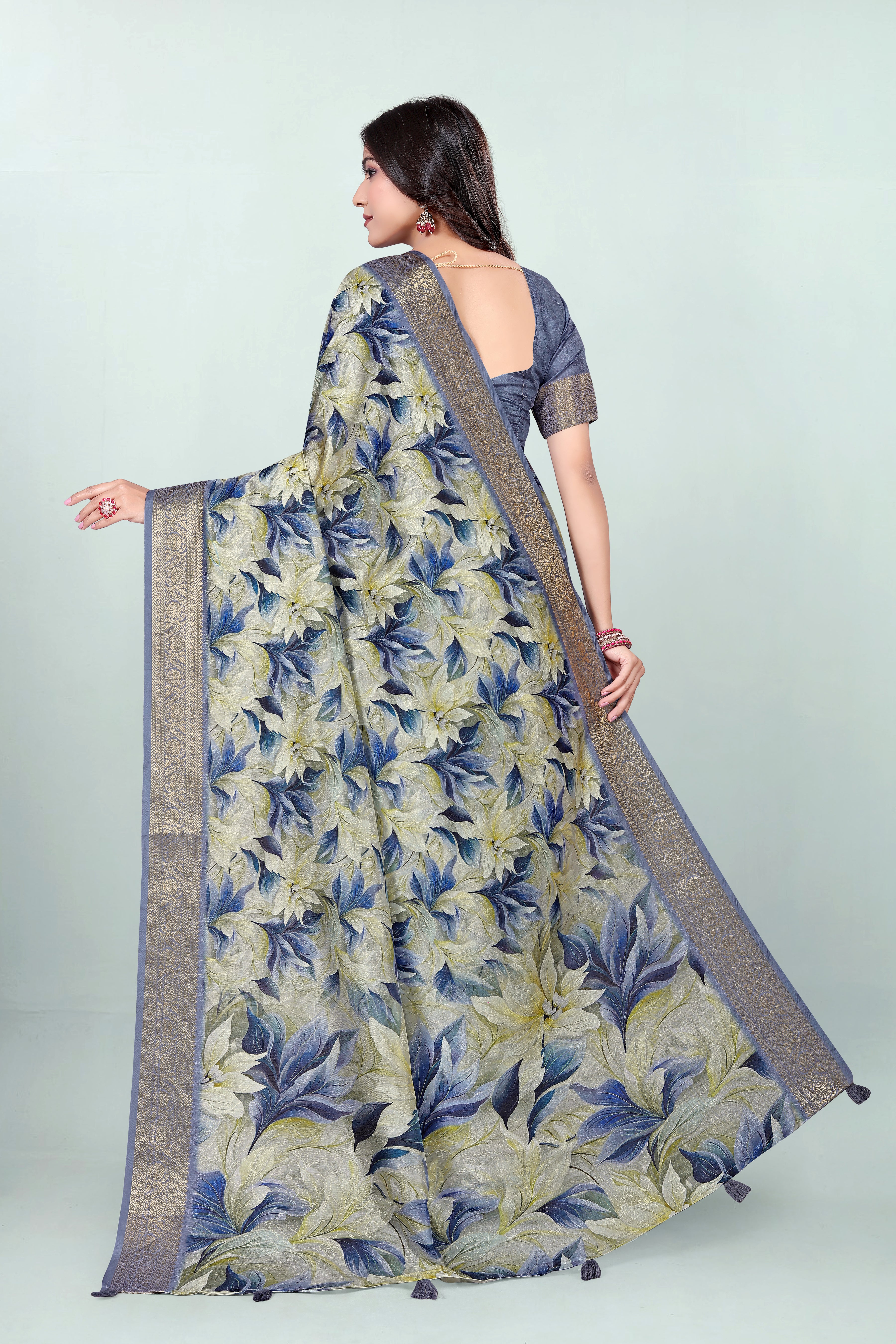 Krishna Blue-Yellow Self Jacquard Silk Saree
