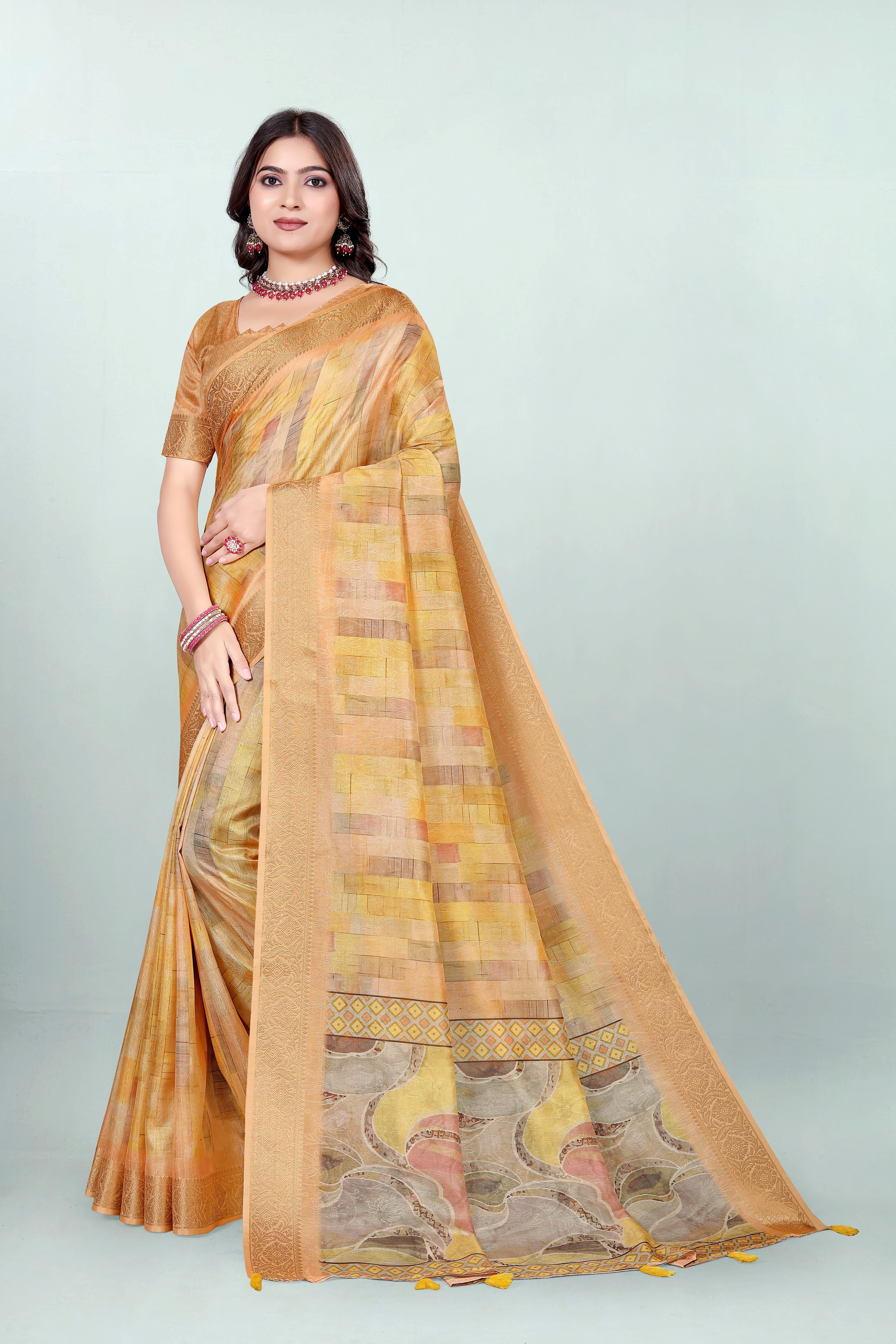 Krishna Orangish Yellow Self Jacquard Silk Saree