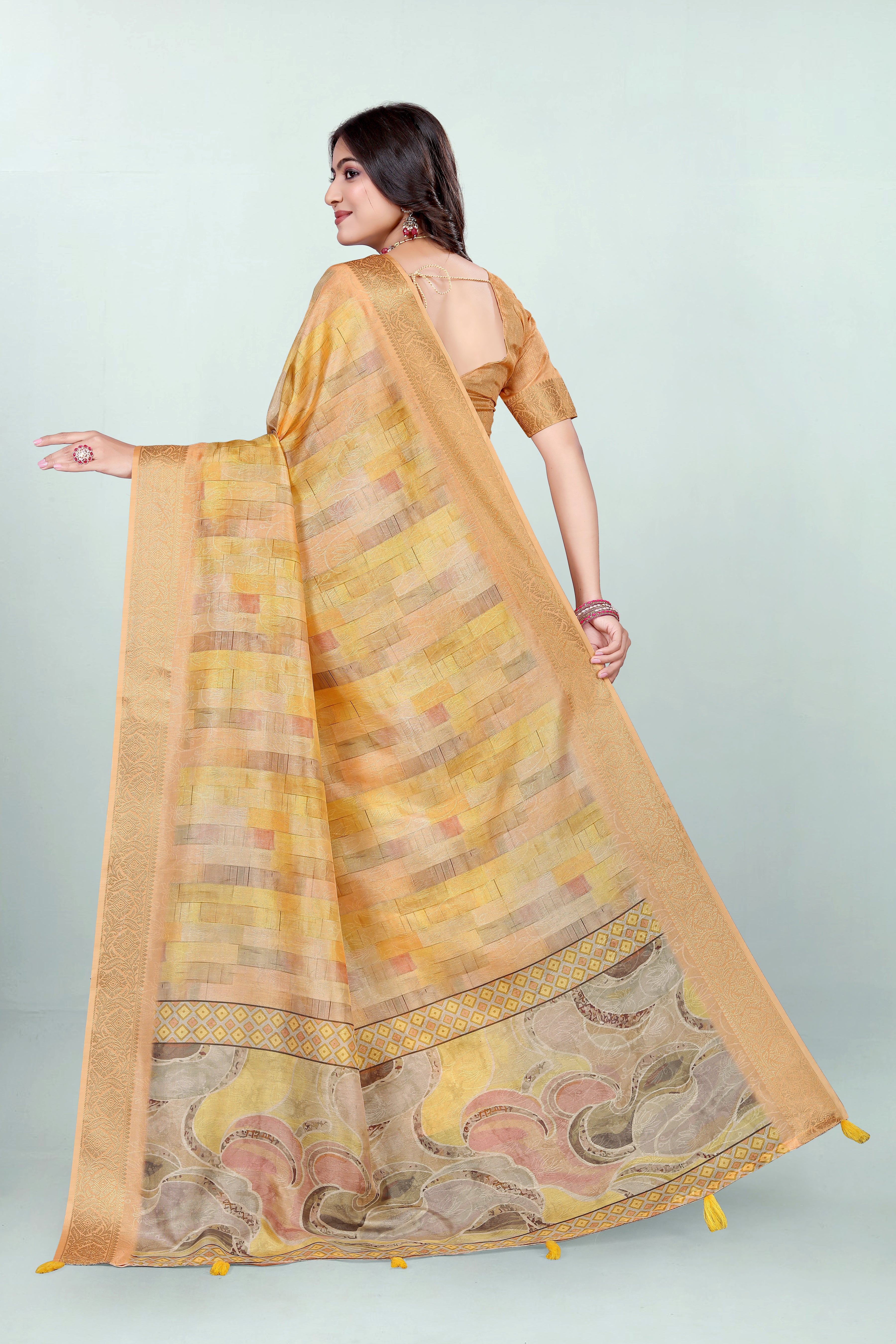 Krishna Orangish Yellow Self Jacquard Silk Saree