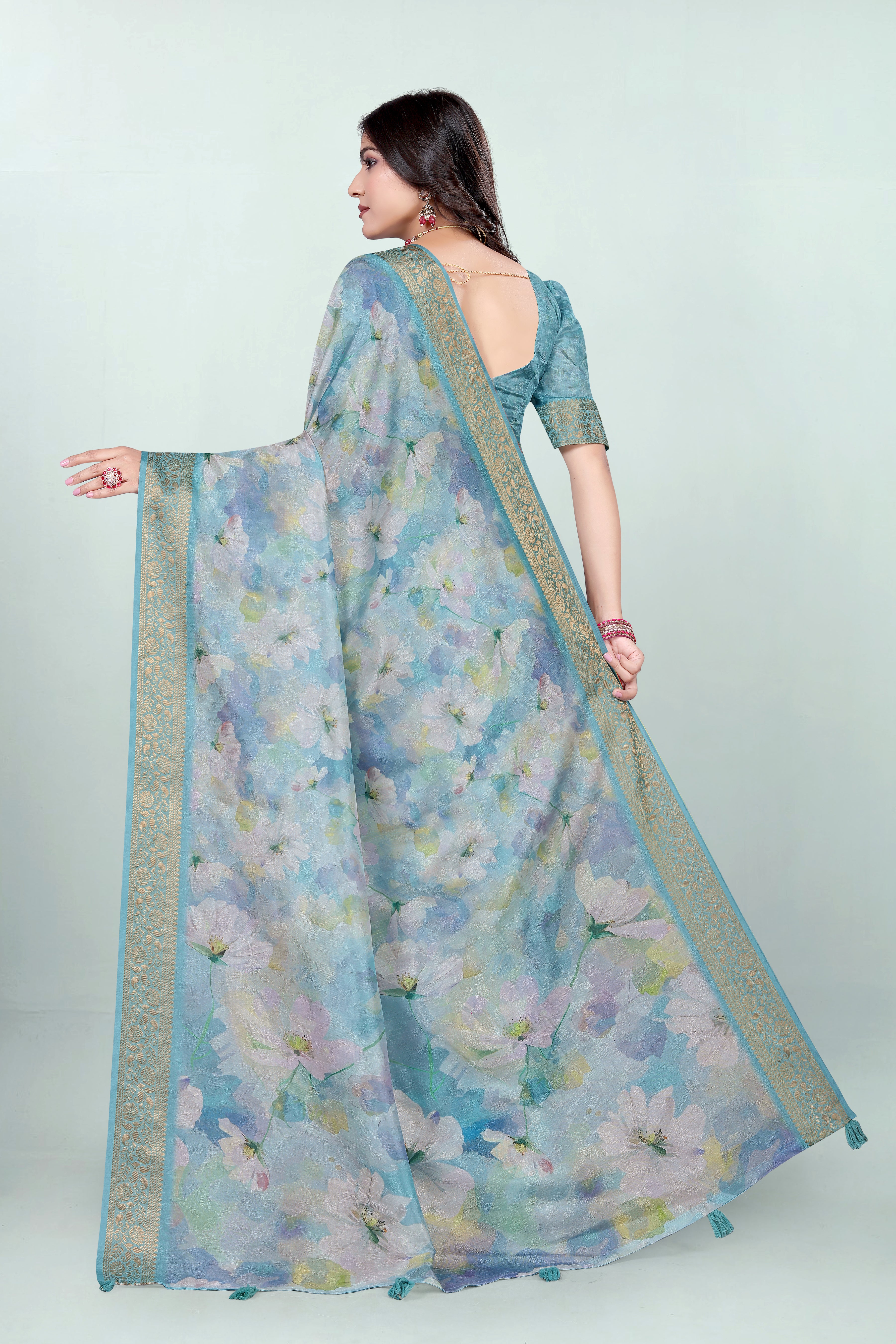 Krishna Sky Blue Floral Self Jacquard Silk Saree