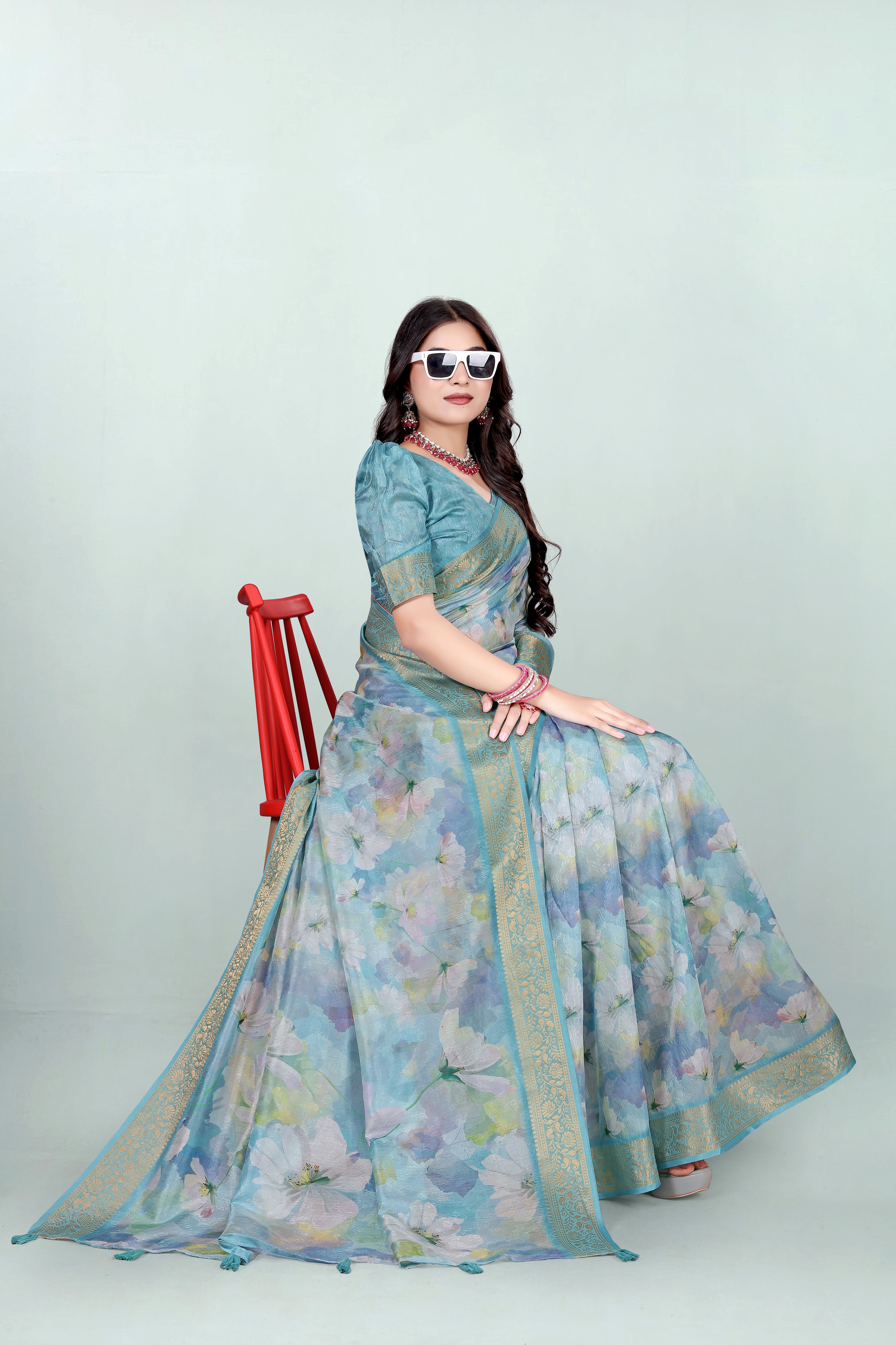 Krishna Sky Blue Floral Self Jacquard Silk Saree
