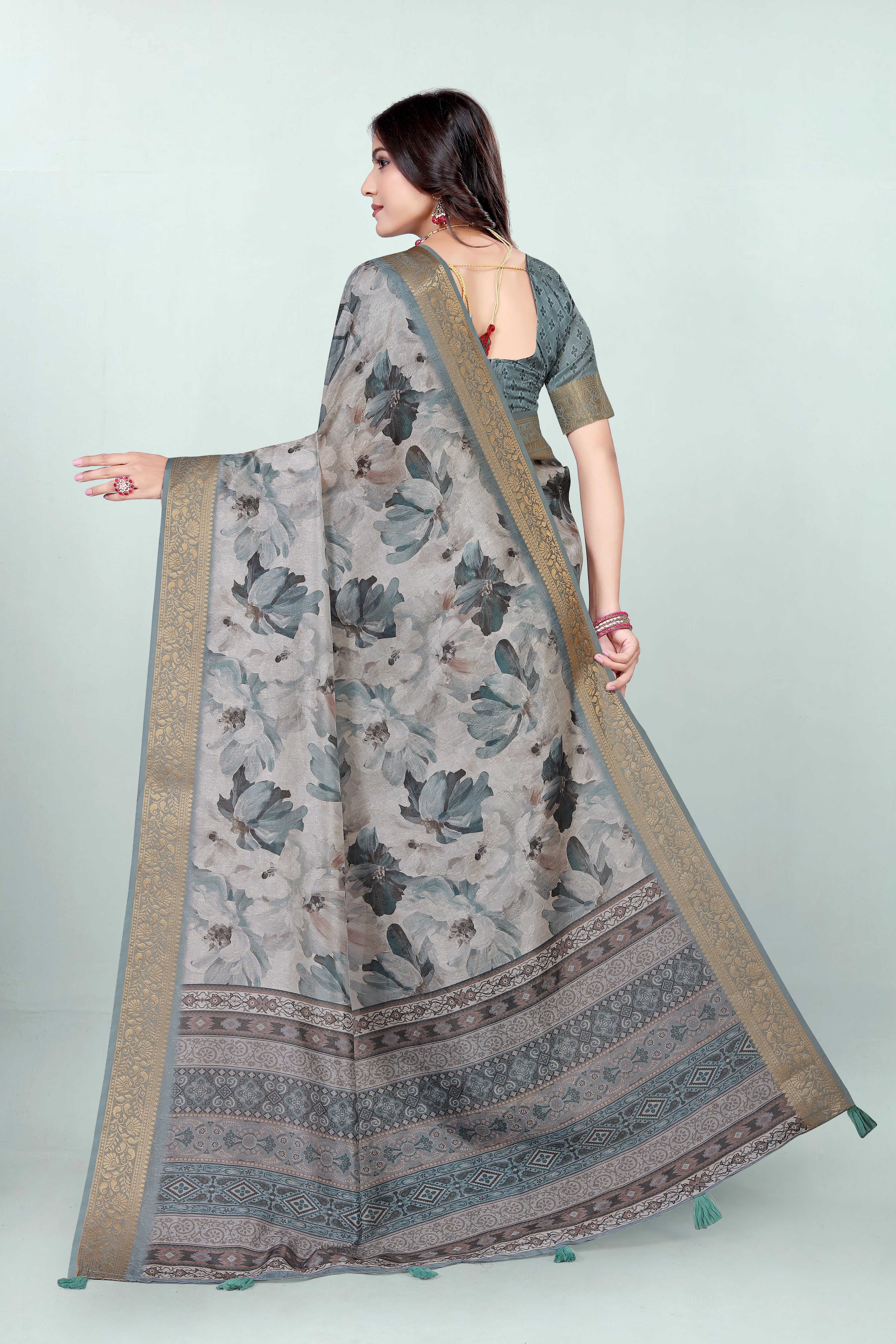 Krishna Stale Grey Floral Self Jacquard Silk Saree