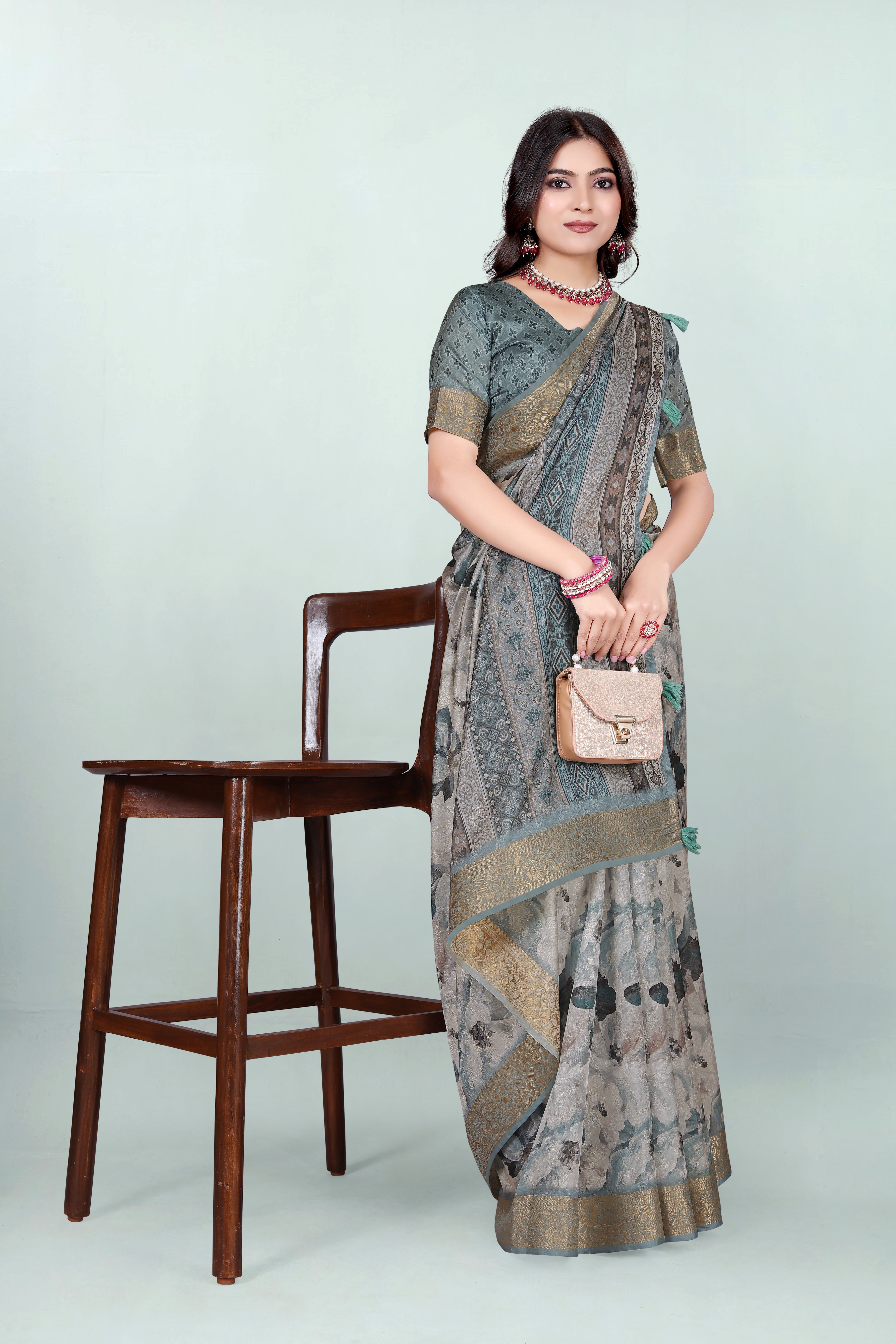 Krishna Stale Grey Floral Self Jacquard Silk Saree