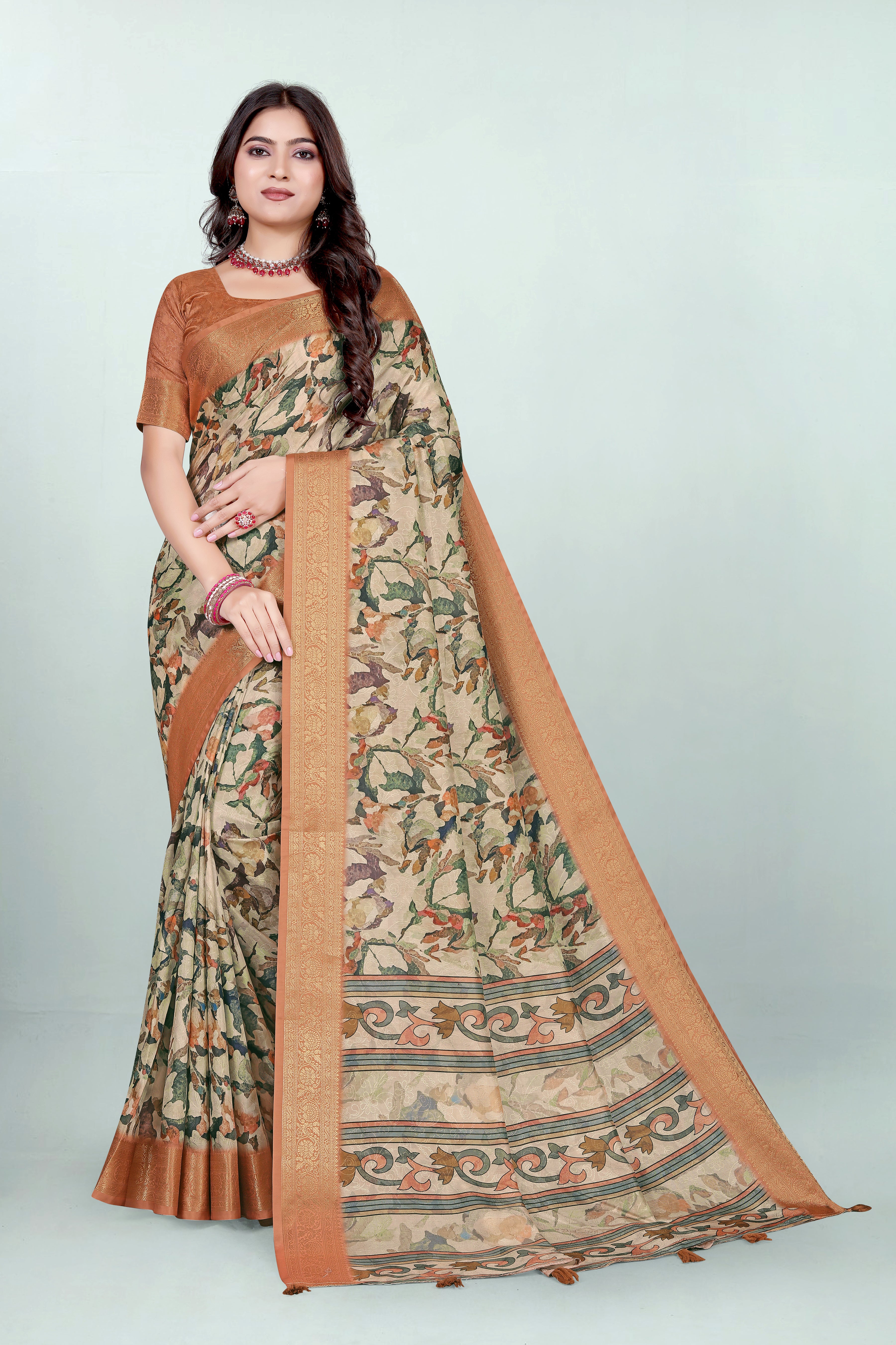 Krishna Orange Self Jacquard Silk Saree