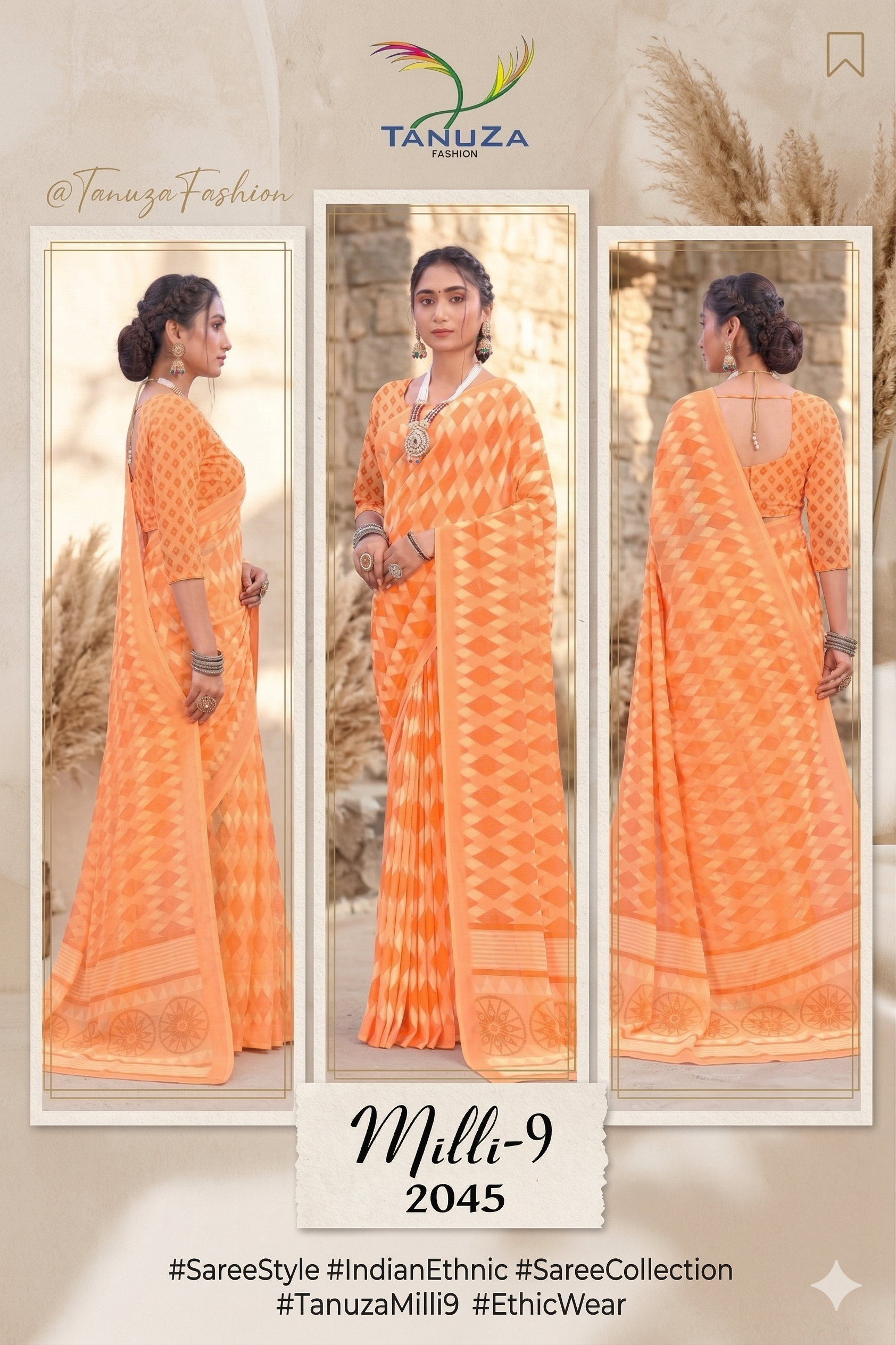 Milli Weightless Printed Saree – Elegant Peach Orange Geometric Designer Saree