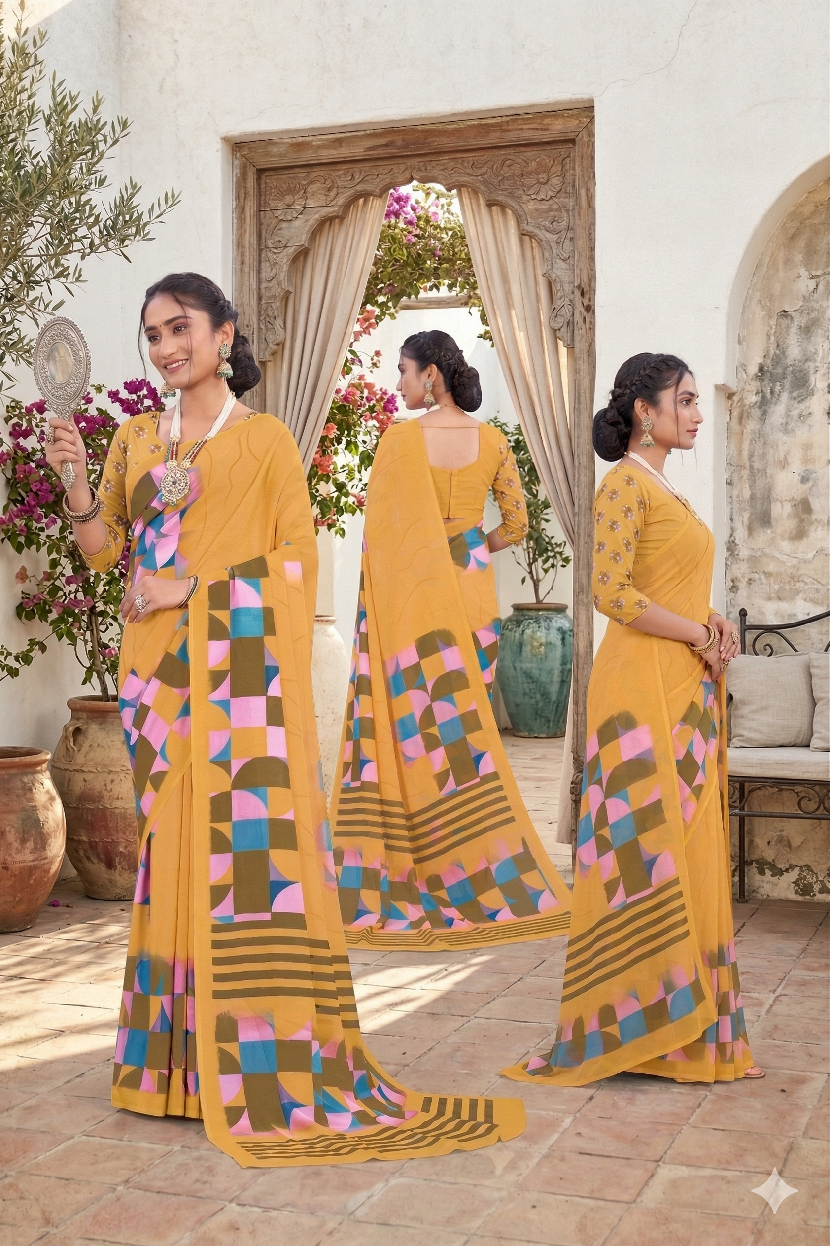 Milli Weightless Printed Saree – Mustard Yellow Designer Saree
