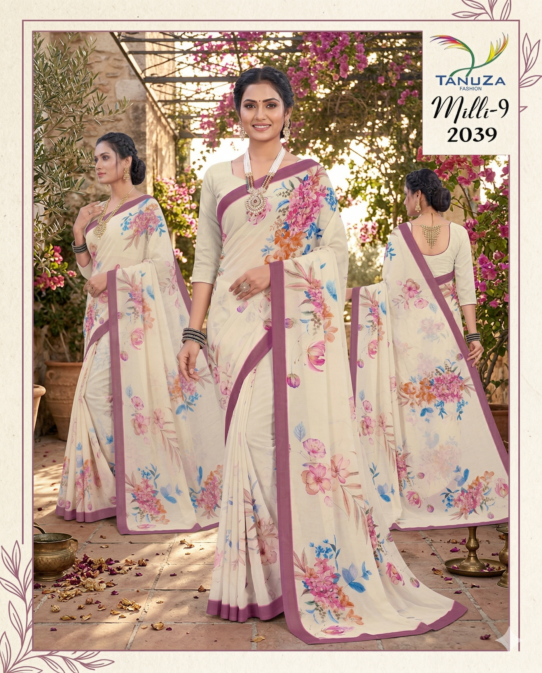 Milli Weightless Floral Printed Saree – Elegant Cream Designer Saree