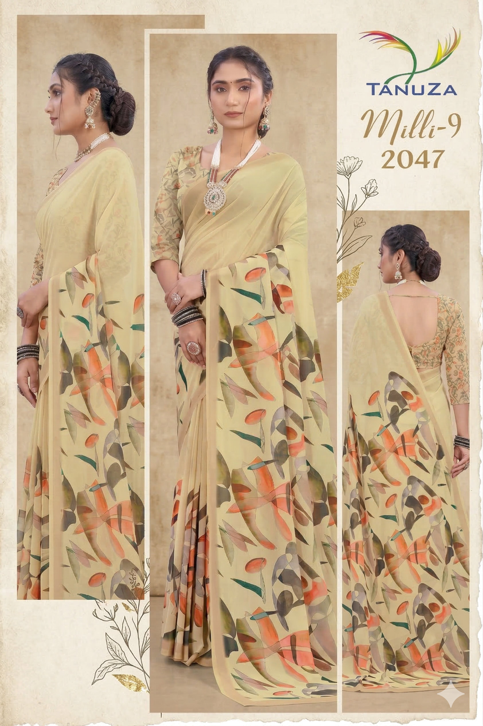 Milli Weightless Printed Saree – Elegant Beige Abstract Floral Designer Saree