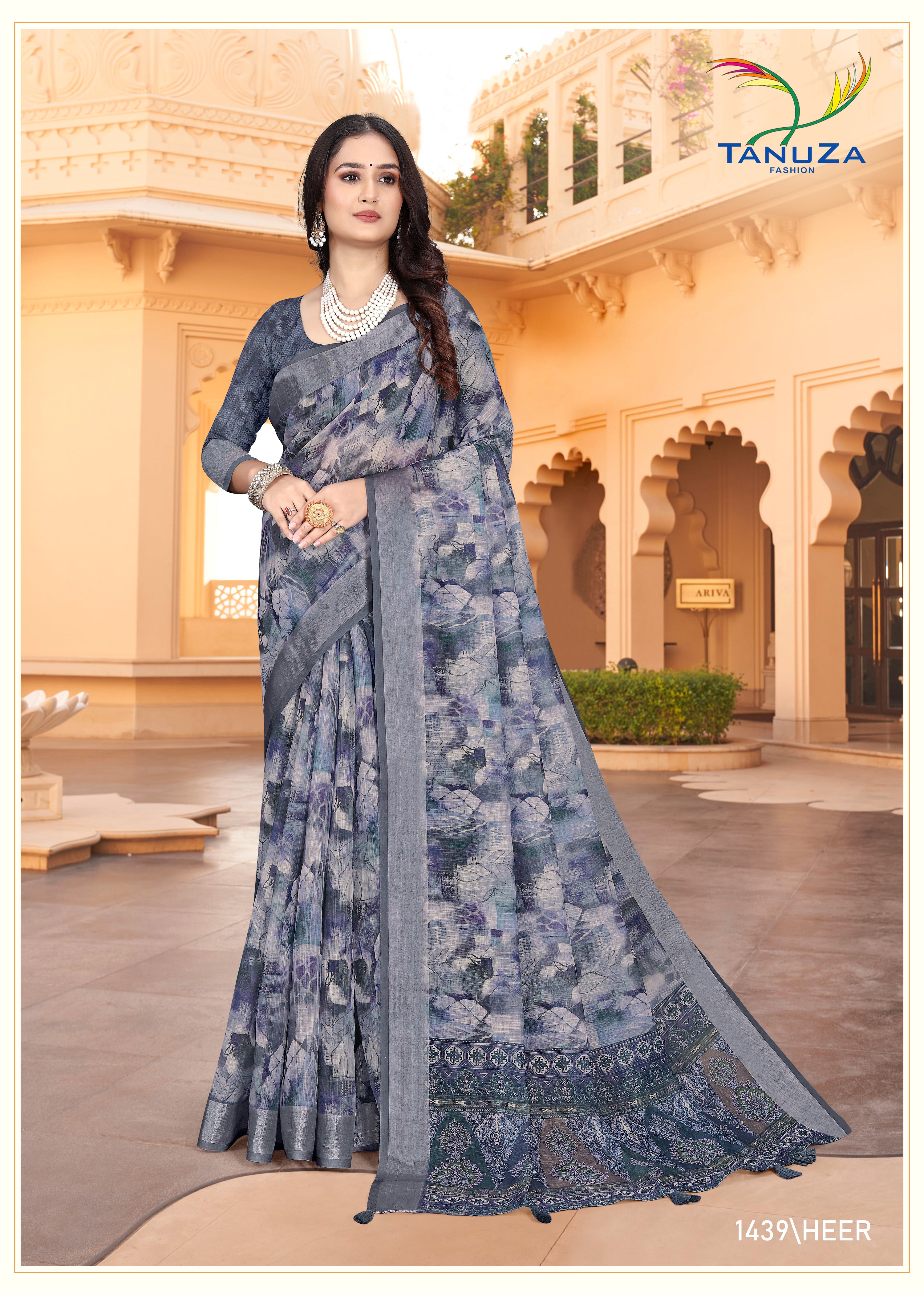 Slate Blue Linen Fabric Saree