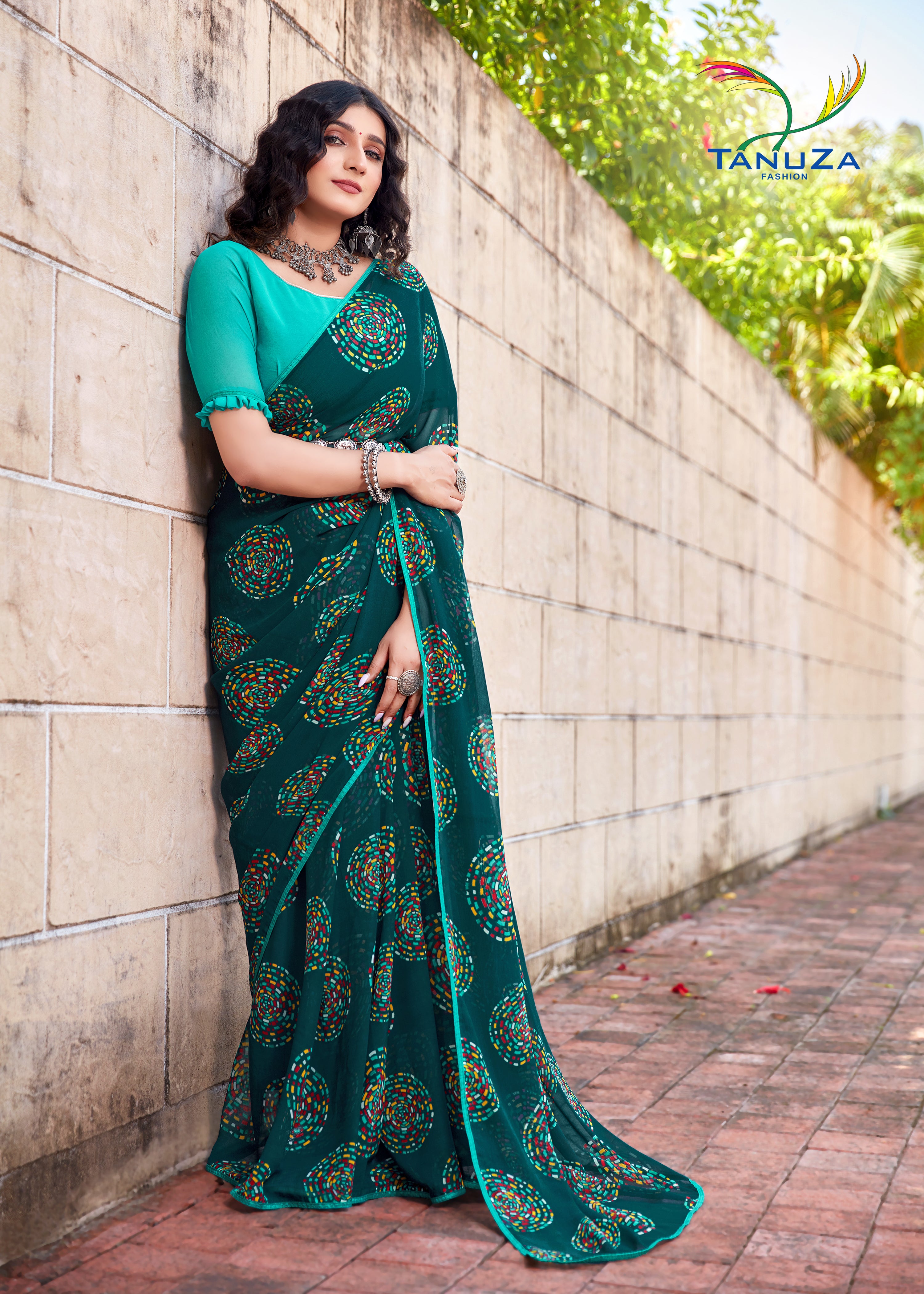 Dark Green Georgette saree with piping