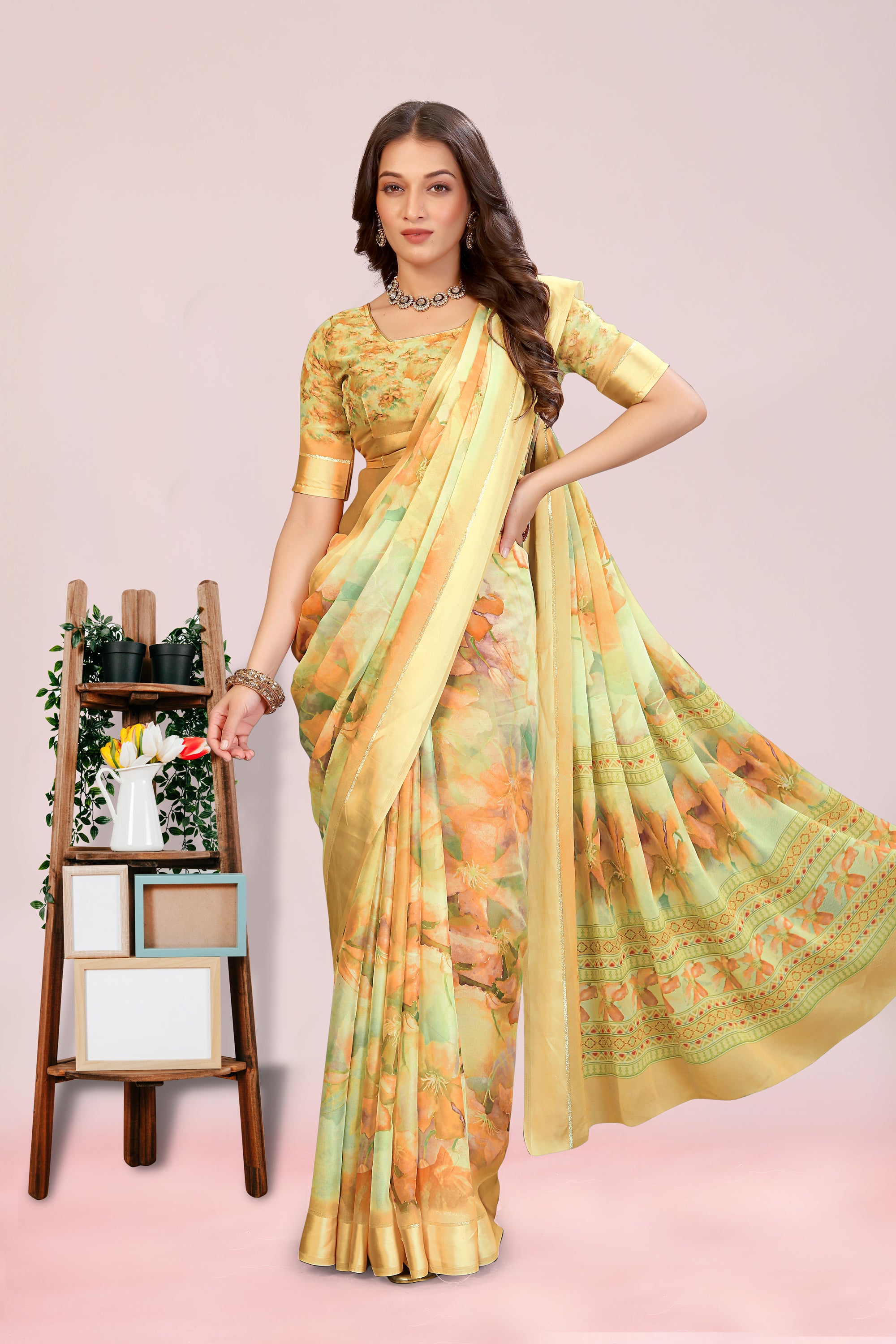 Amita Lemon Yellow Dull Moss with Satin Border
