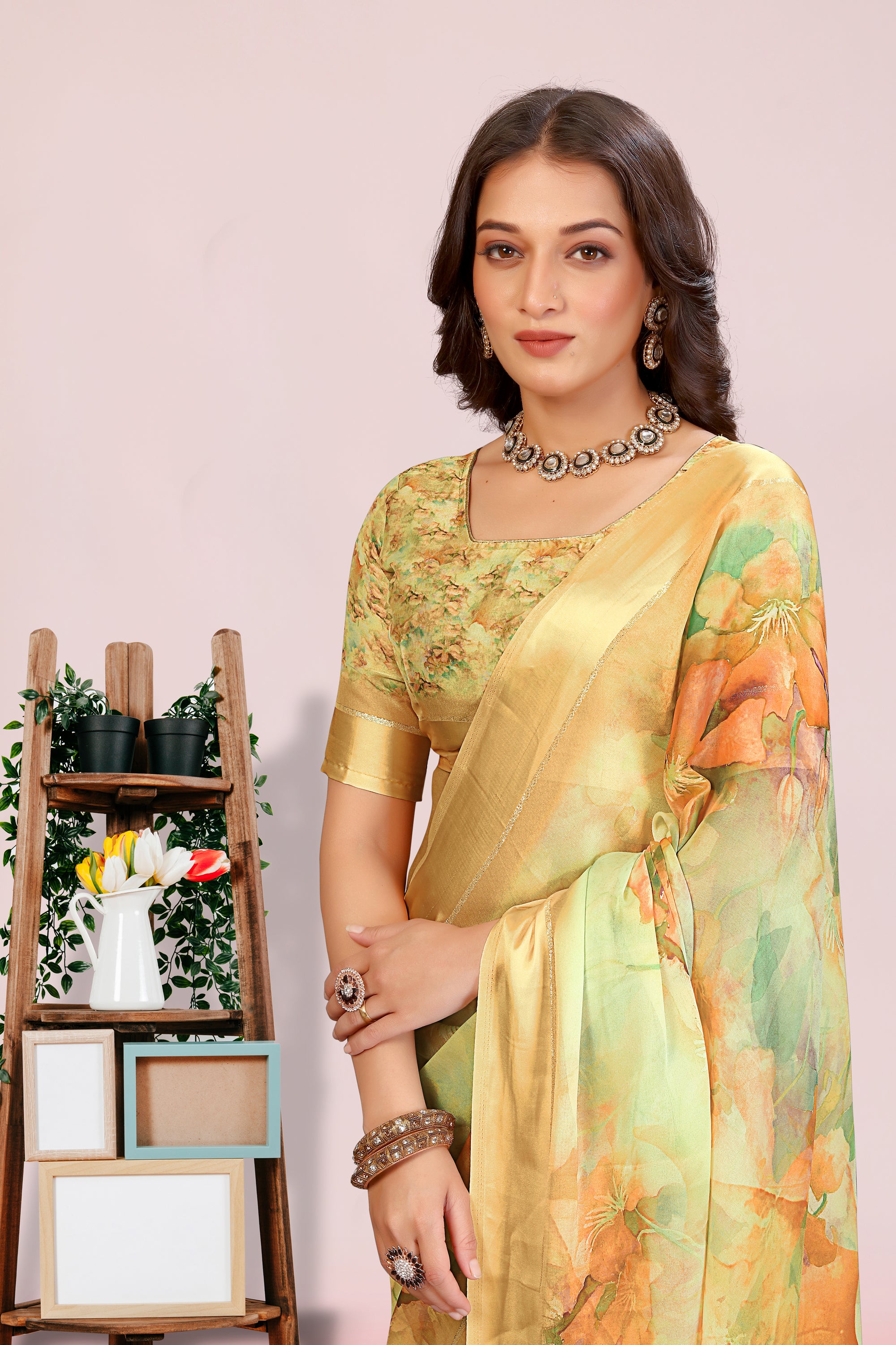 Amita Lemon Yellow Dull Moss with Satin Border
