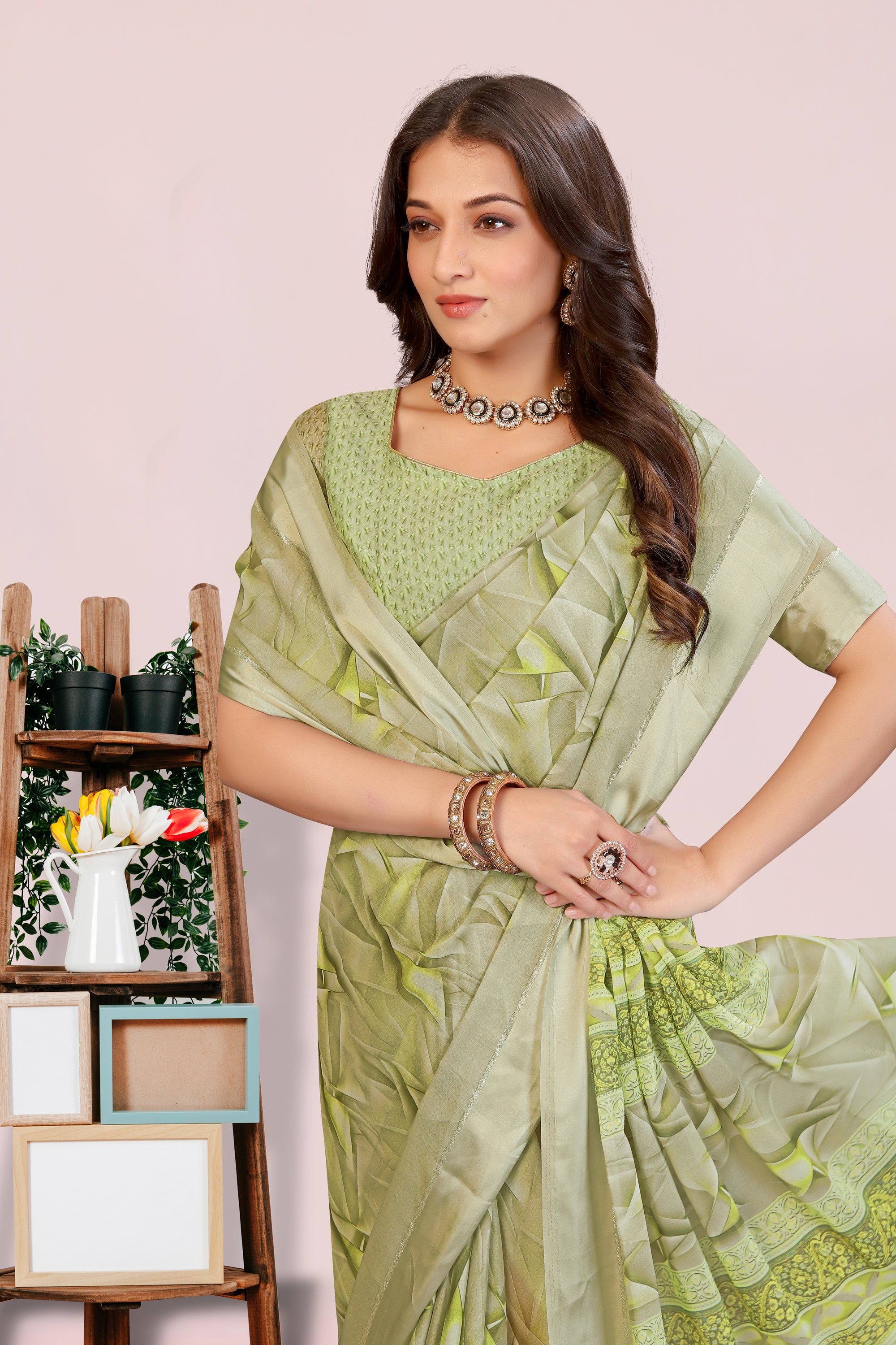 Amita Lime Green Dull Moss with Satin Border