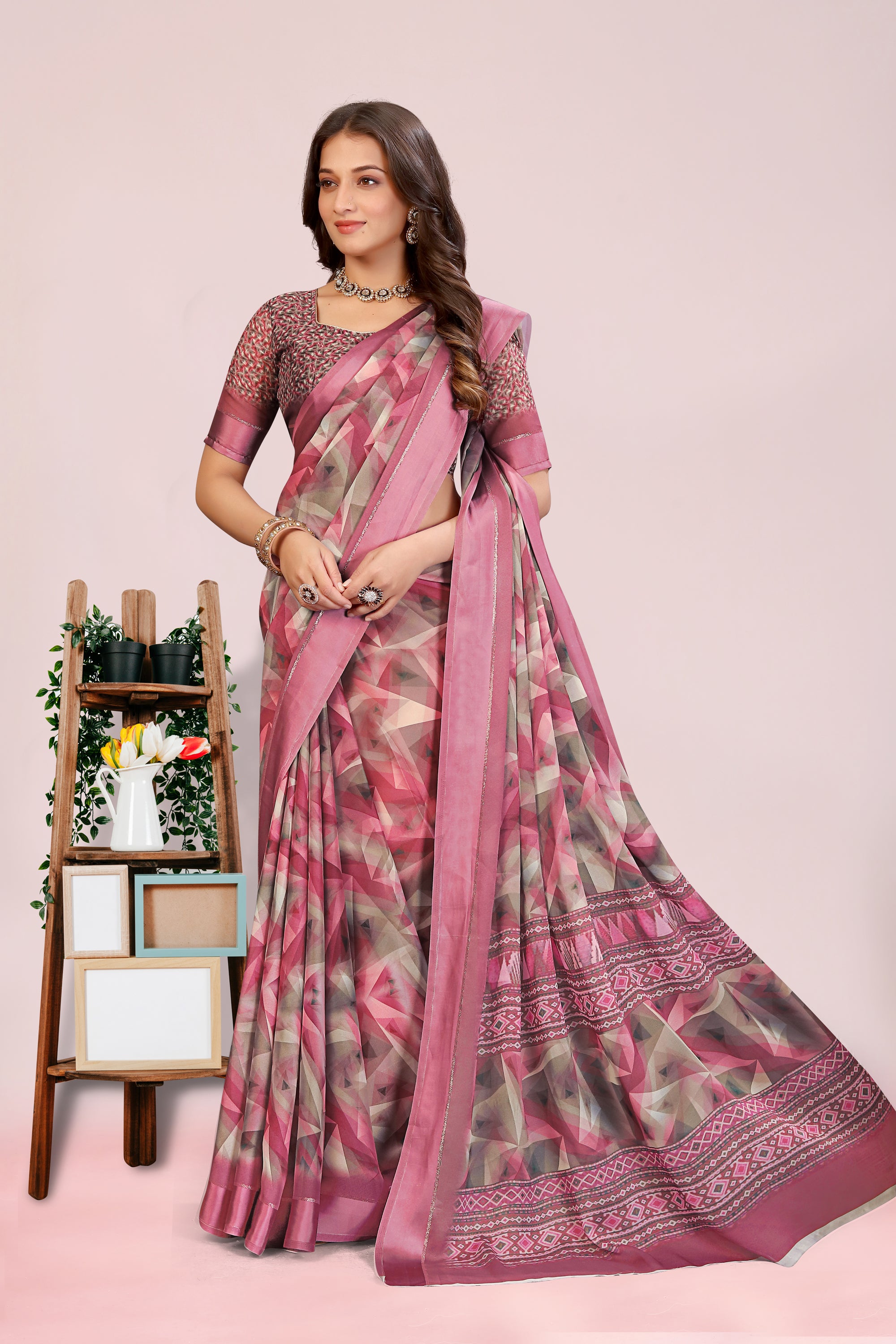 Amita Sweet Pink Dull Moss with Satin Border