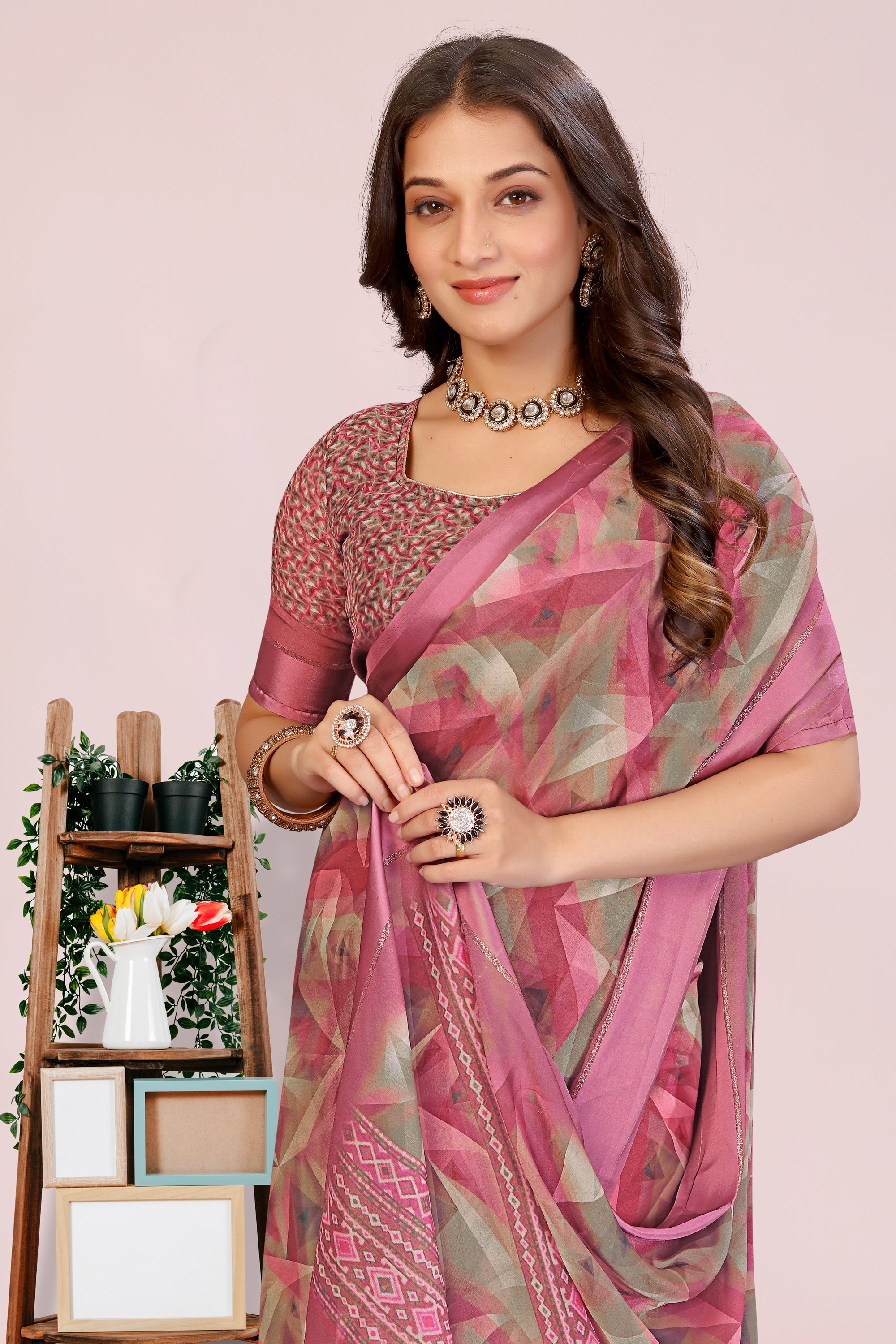 Amita Sweet Pink Dull Moss with Satin Border