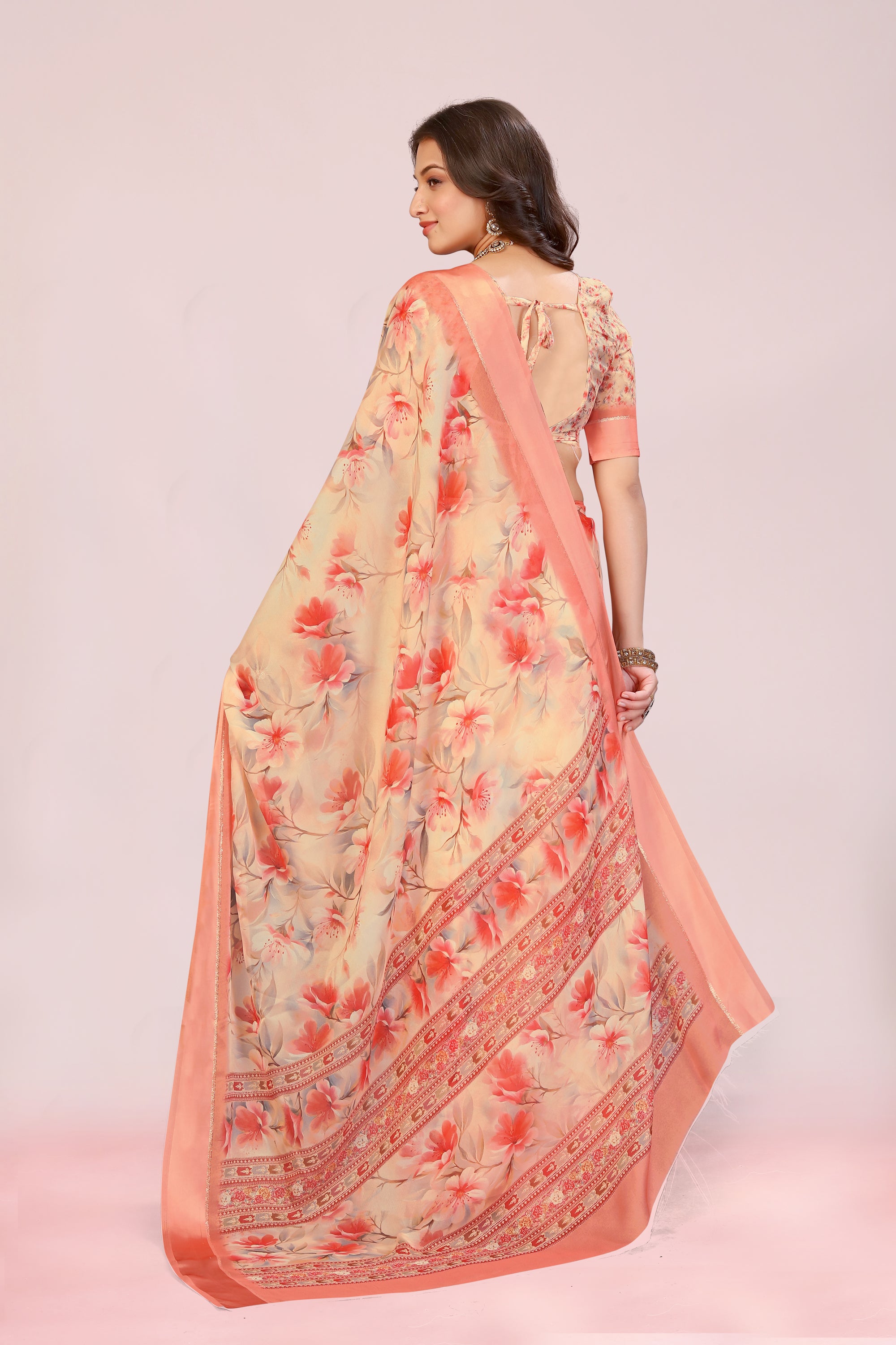 Amita Peach Orange Dull Moss with Satin Border
