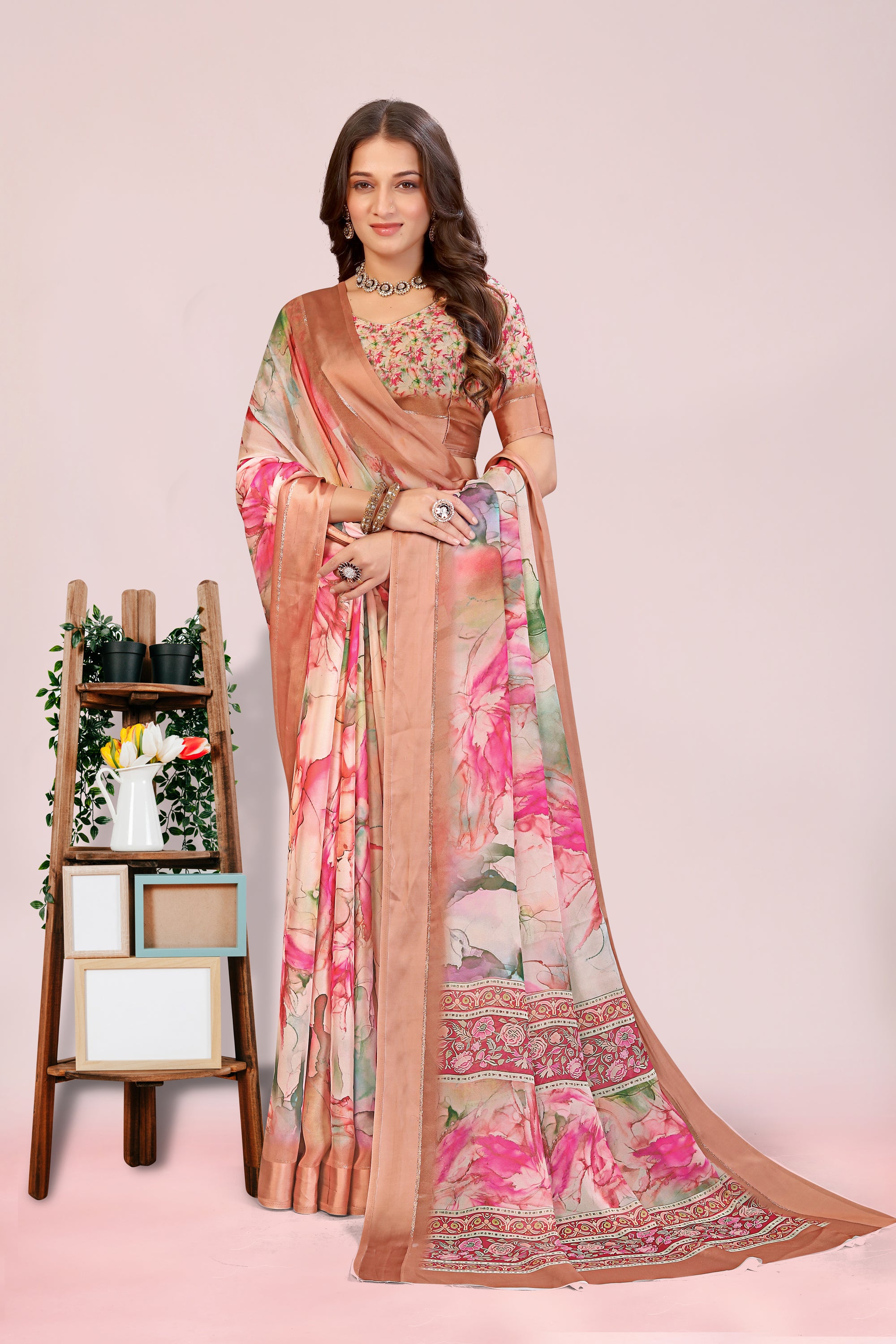 Amita Peach Pink Dull Moss with Satin Border