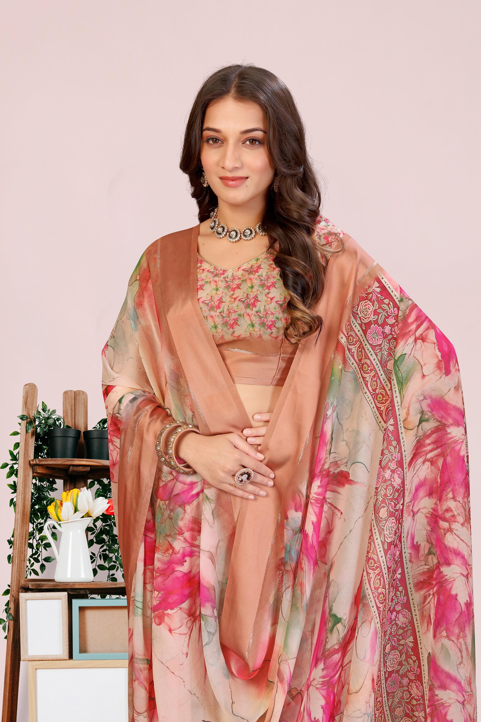 Amita Peach Pink Dull Moss with Satin Border