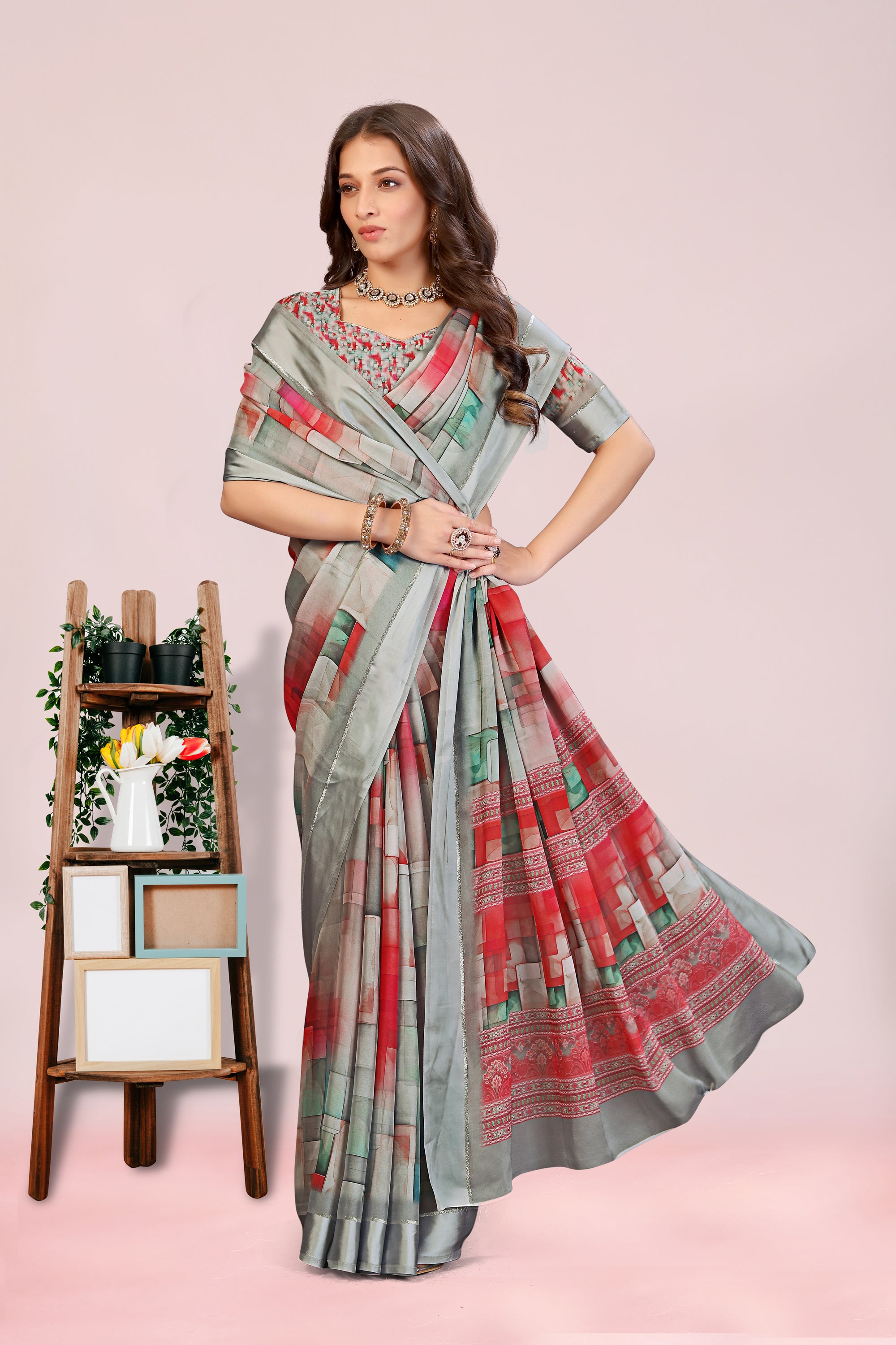 Amita Geometrical Dull Moss with Satin Border