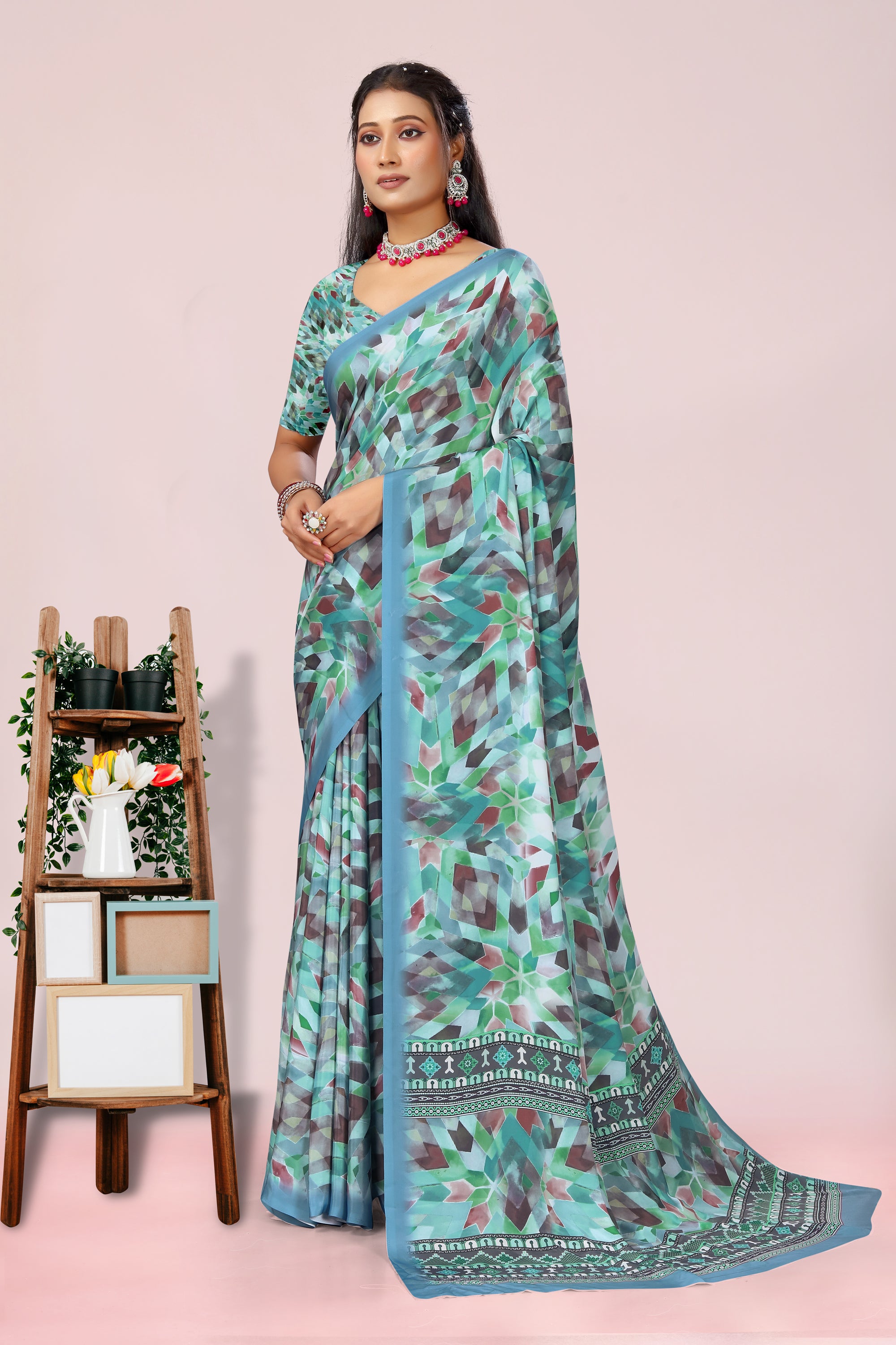 Dolly Greenish- Blue Geometrical Crepe Saree