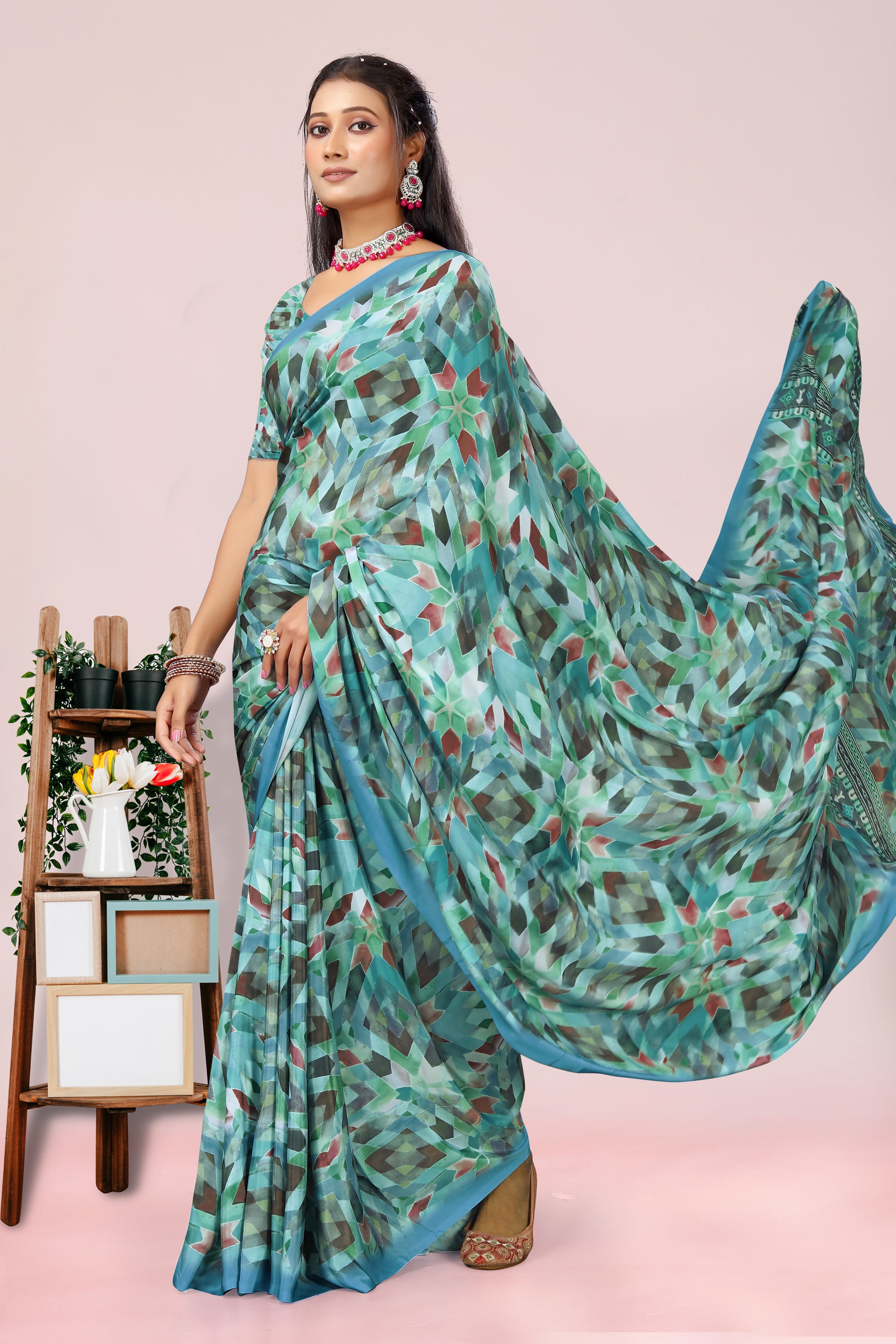 Dolly Greenish- Blue Geometrical Crepe Saree